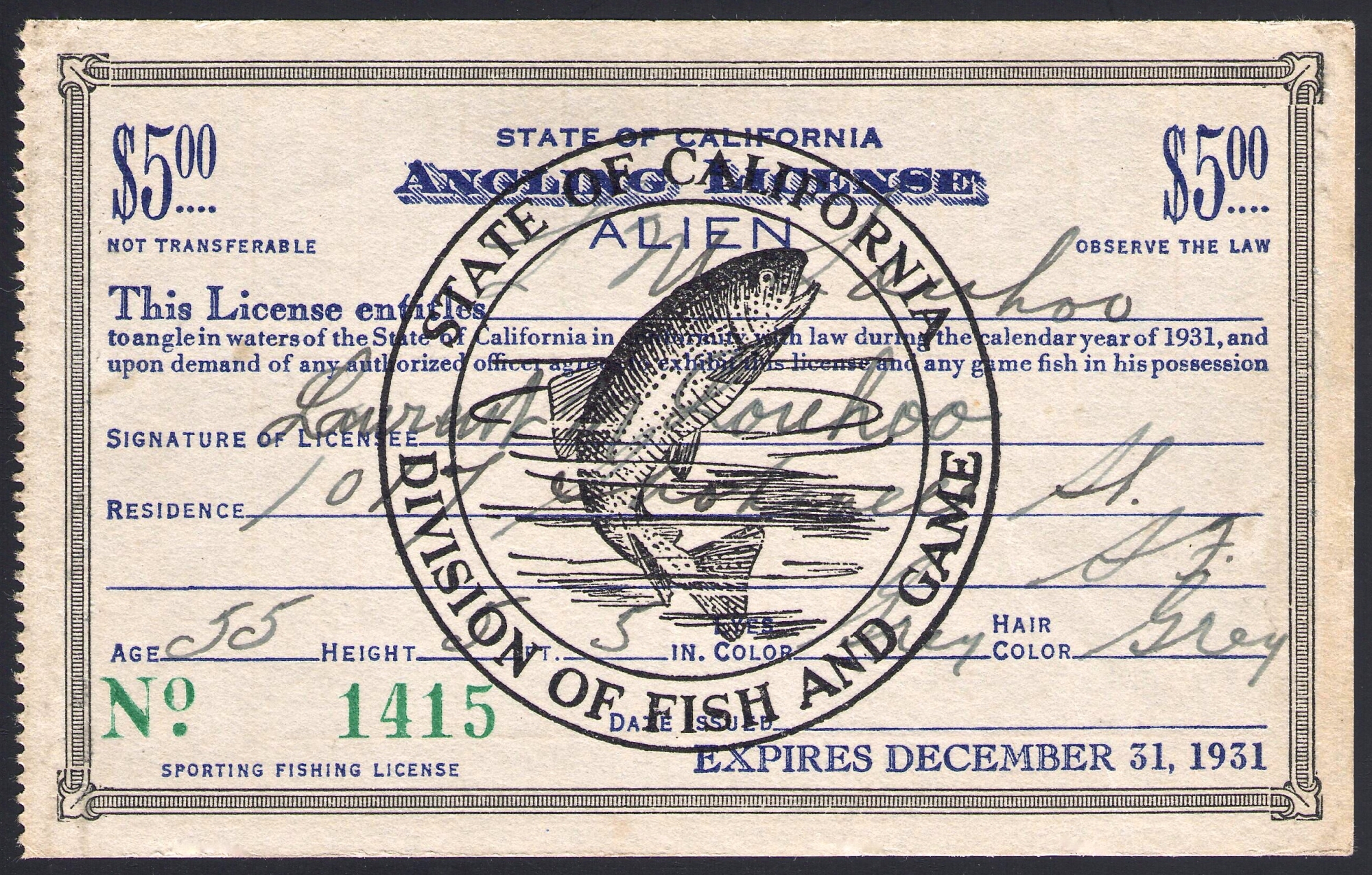 1931 Alien Fishing License California