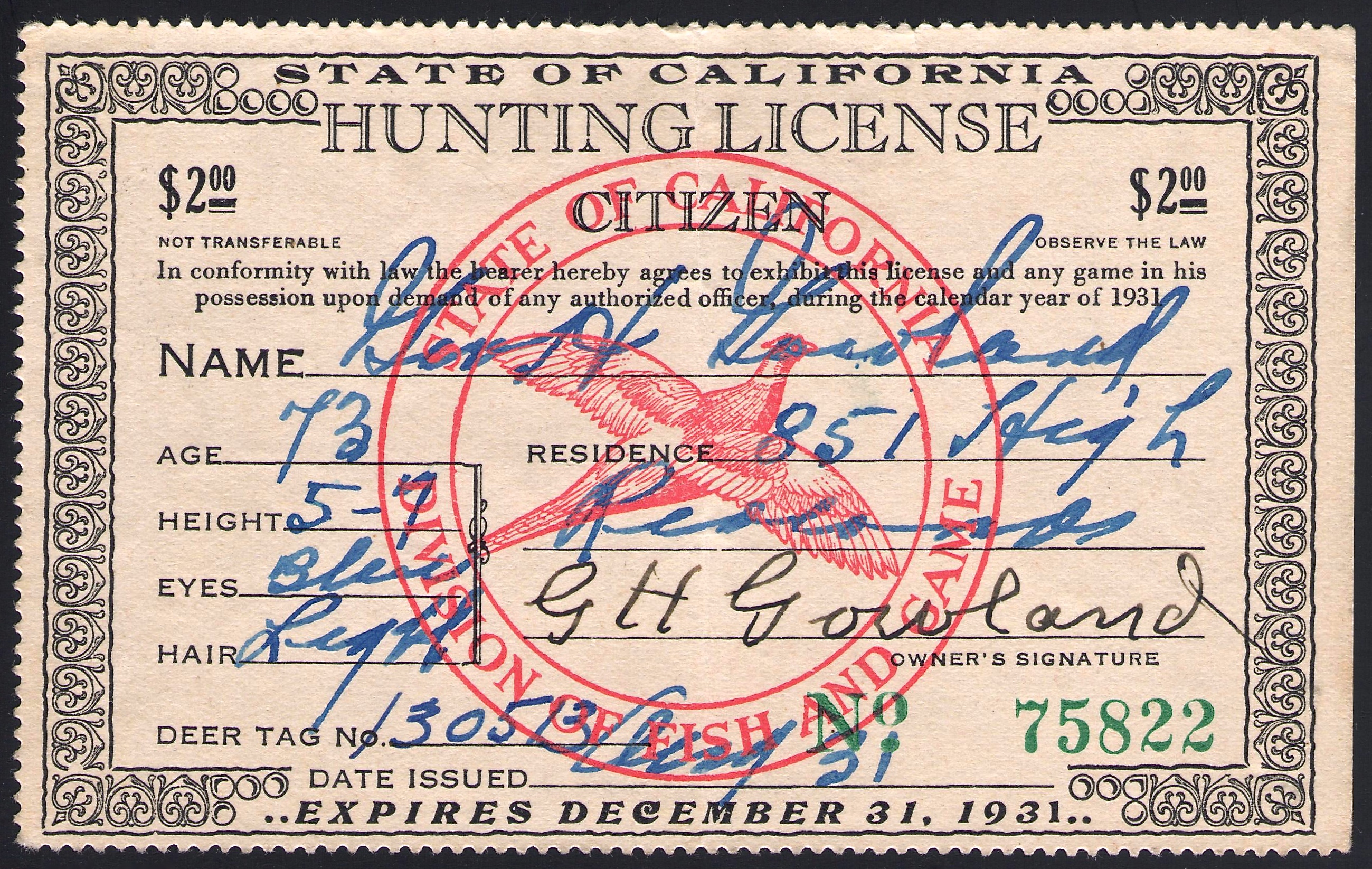 1931 Resident California Hunting License - Waterfowl Stamps And More