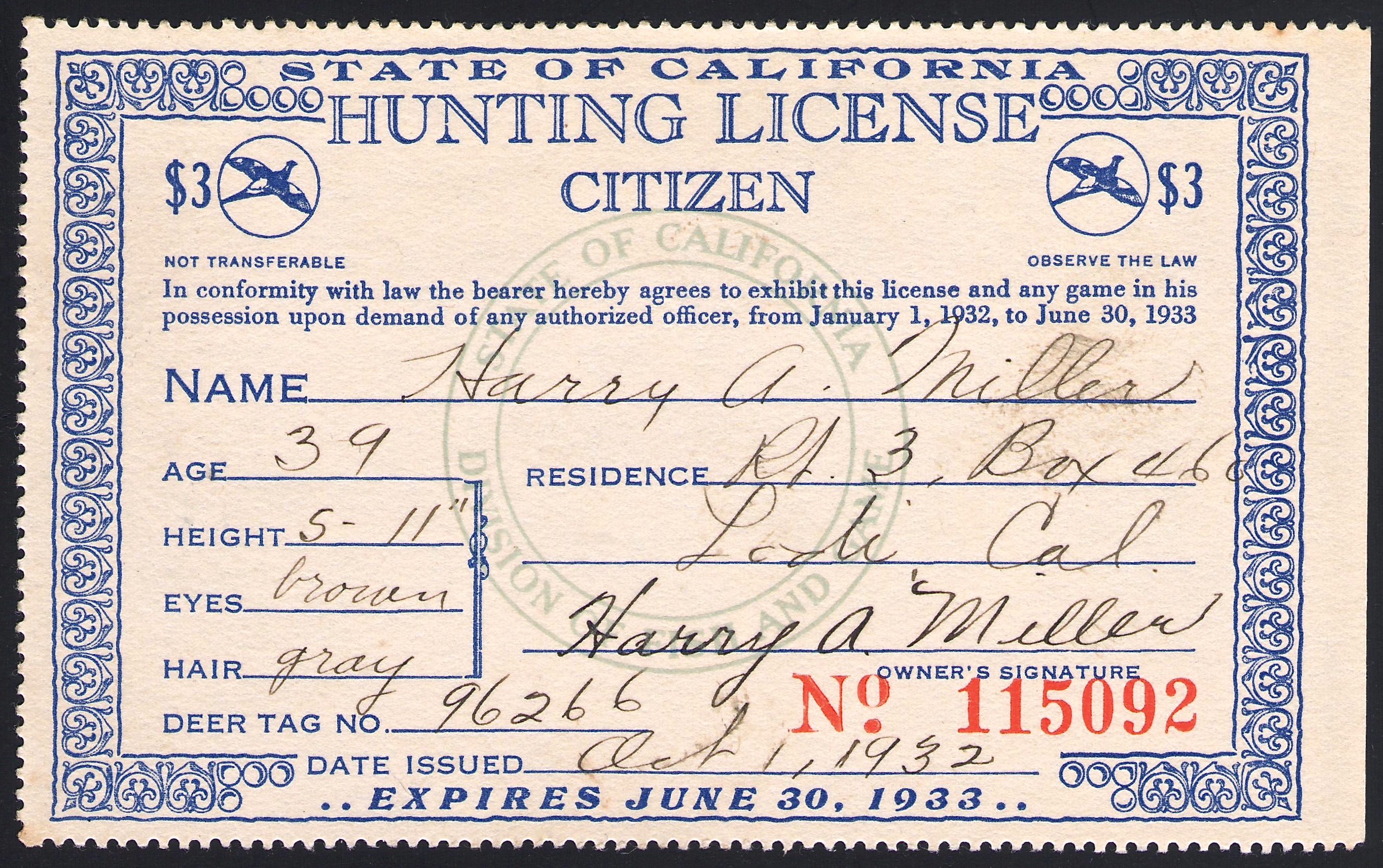 193233 Resident California Hunting License Waterfowl Stamps and More