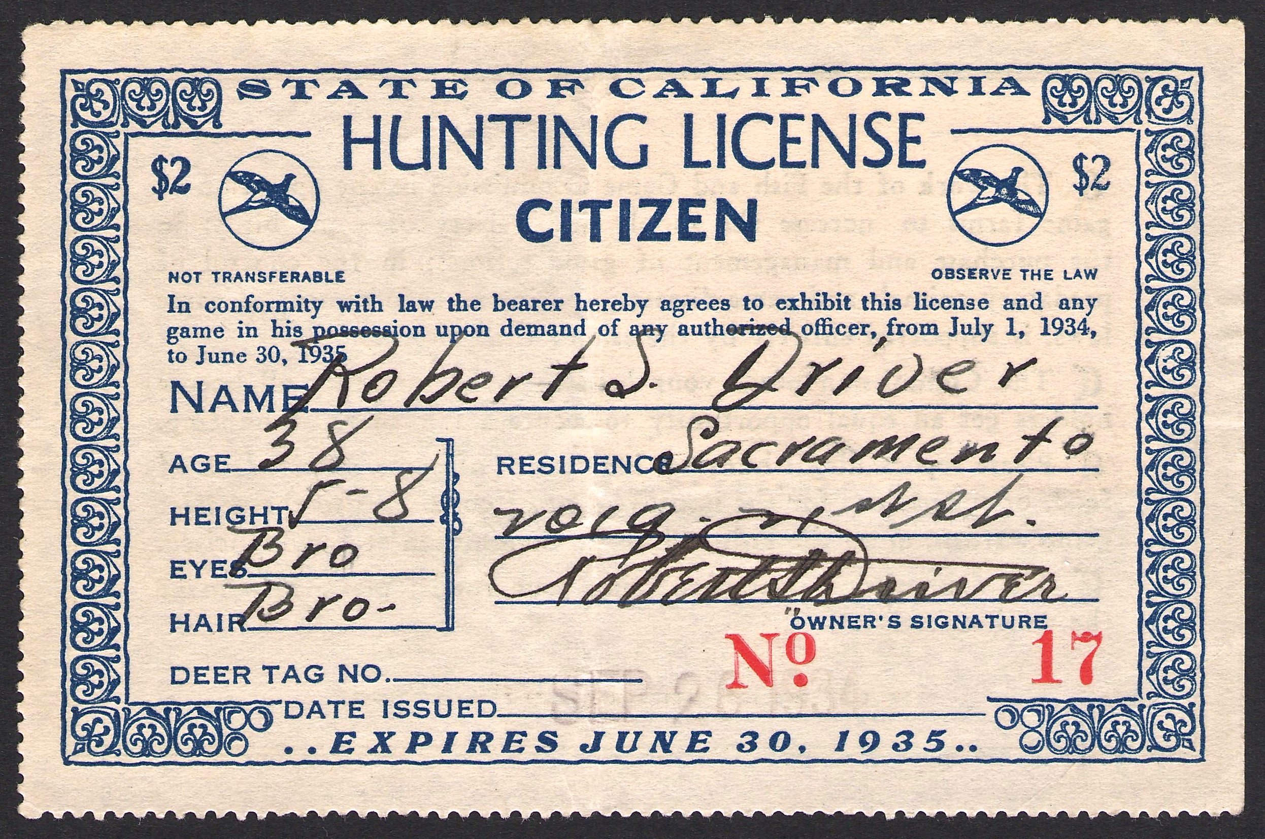 1934-35 Resident California Hunting License - Waterfowl Stamps and More