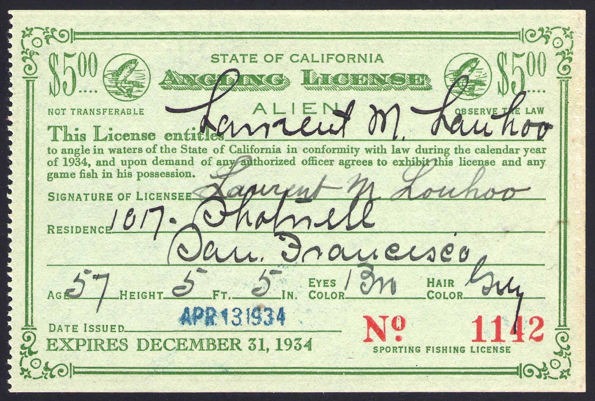 1934 Alien Fishing License California