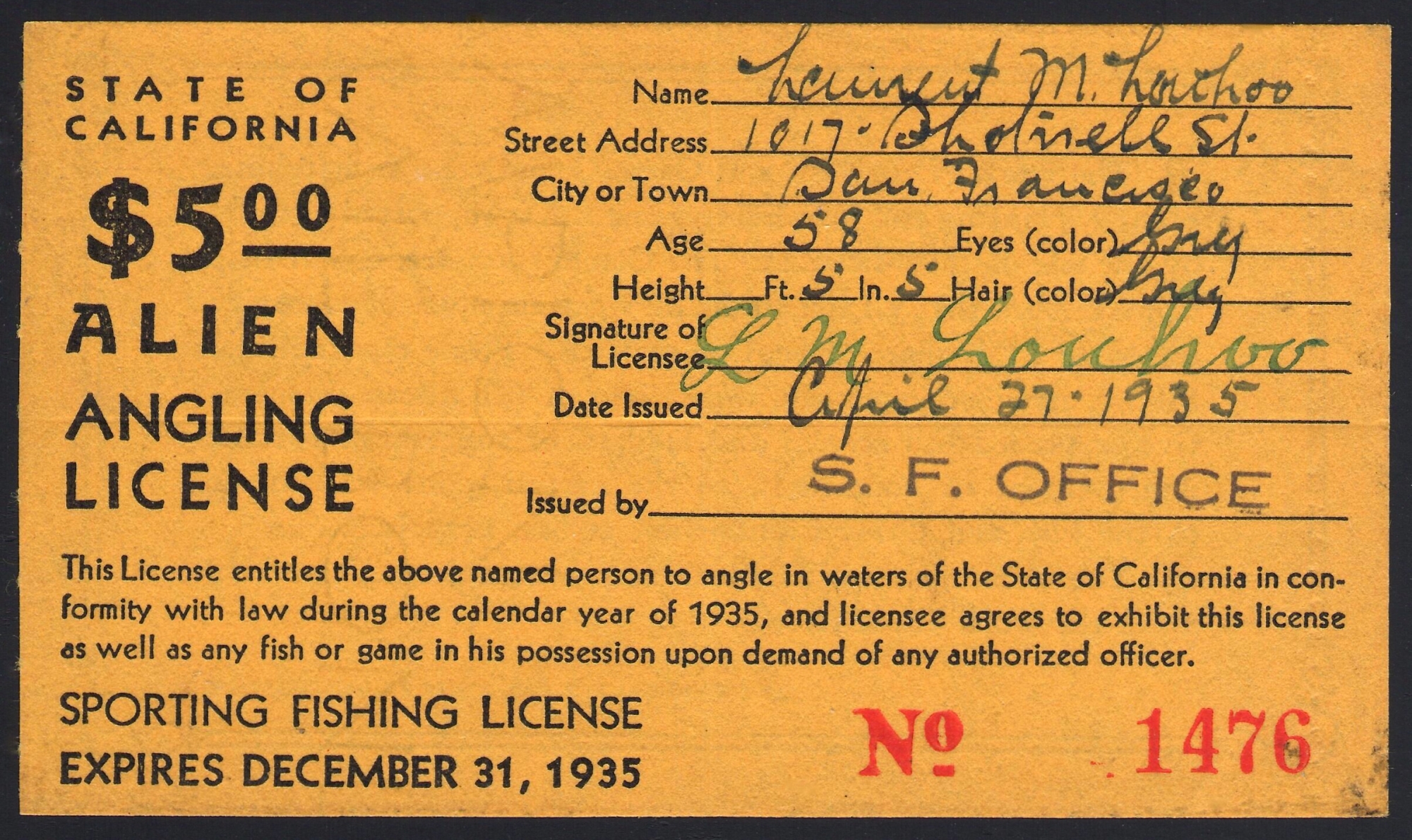 1935 Alien Fishing License California
