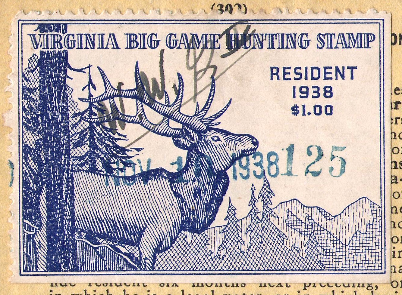 Numbered 1938 Resident Big Game Virginia