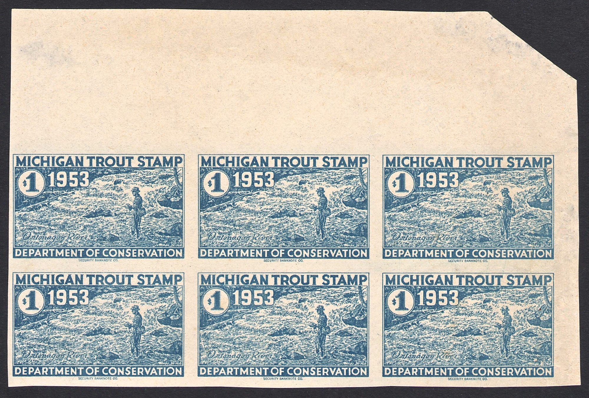 1953 Plate Proof Block of Six Michigan Trout