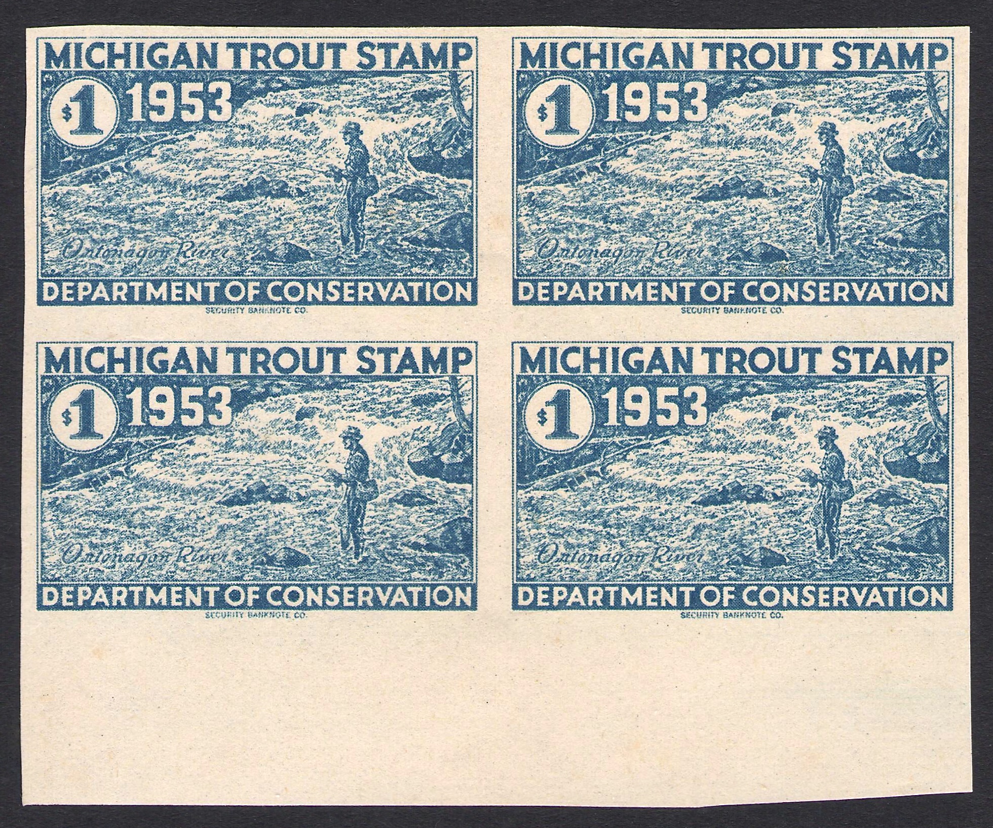 1953 Plate Proof Block of Four Michigan Trout