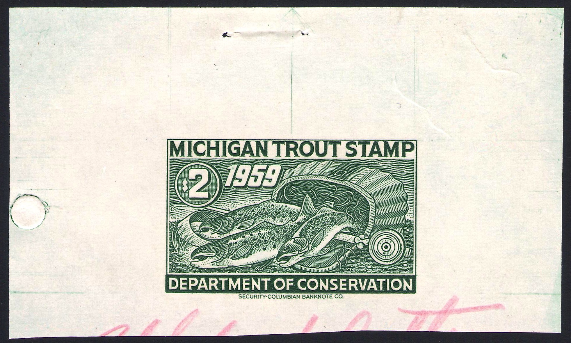 1959 Trial Color Large Die Proof Michigan Trout