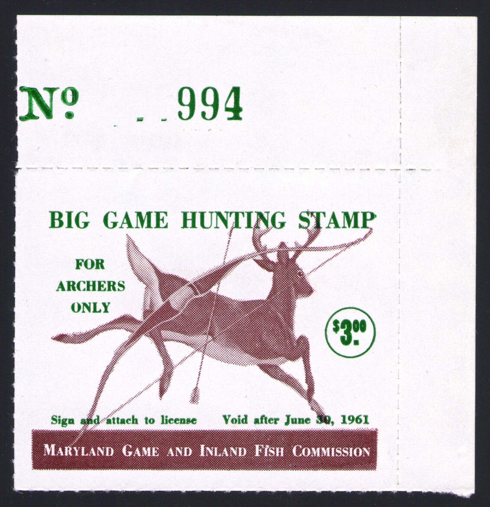 Type II 1960-61 Archery Big Game Maryland