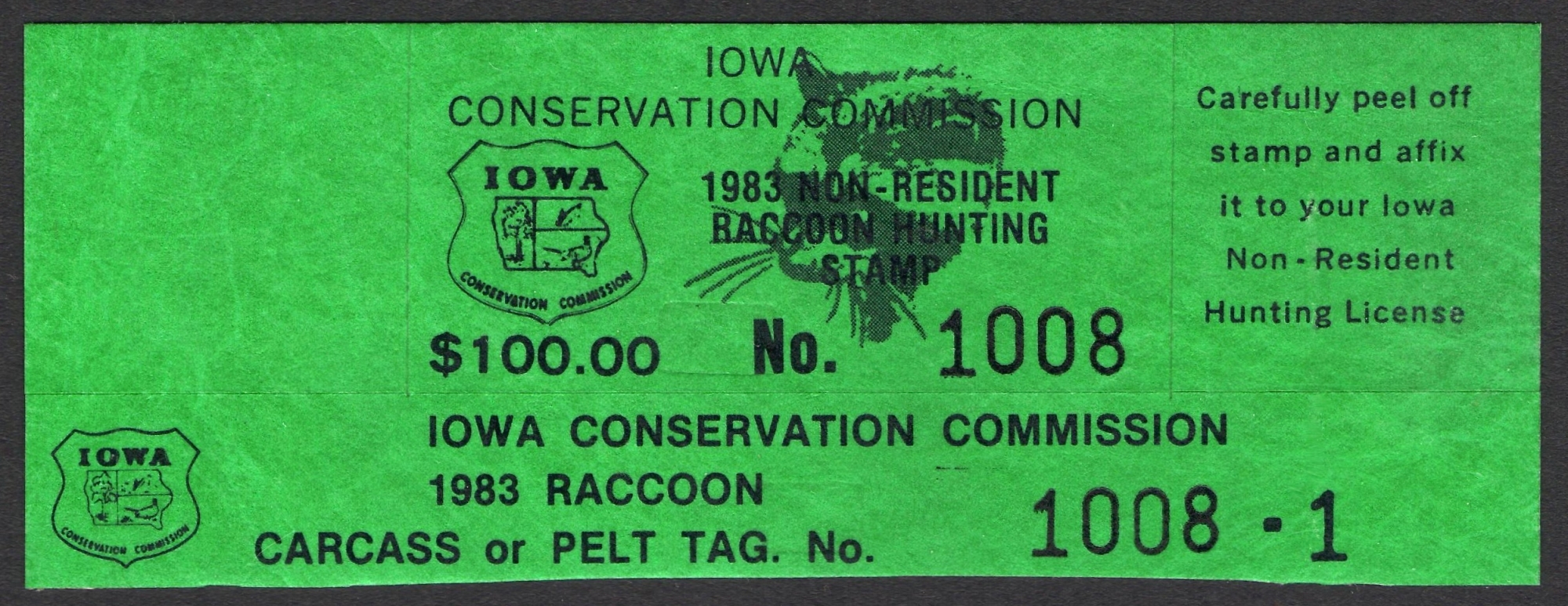 Unused  1983 Iowa NR Raccoon