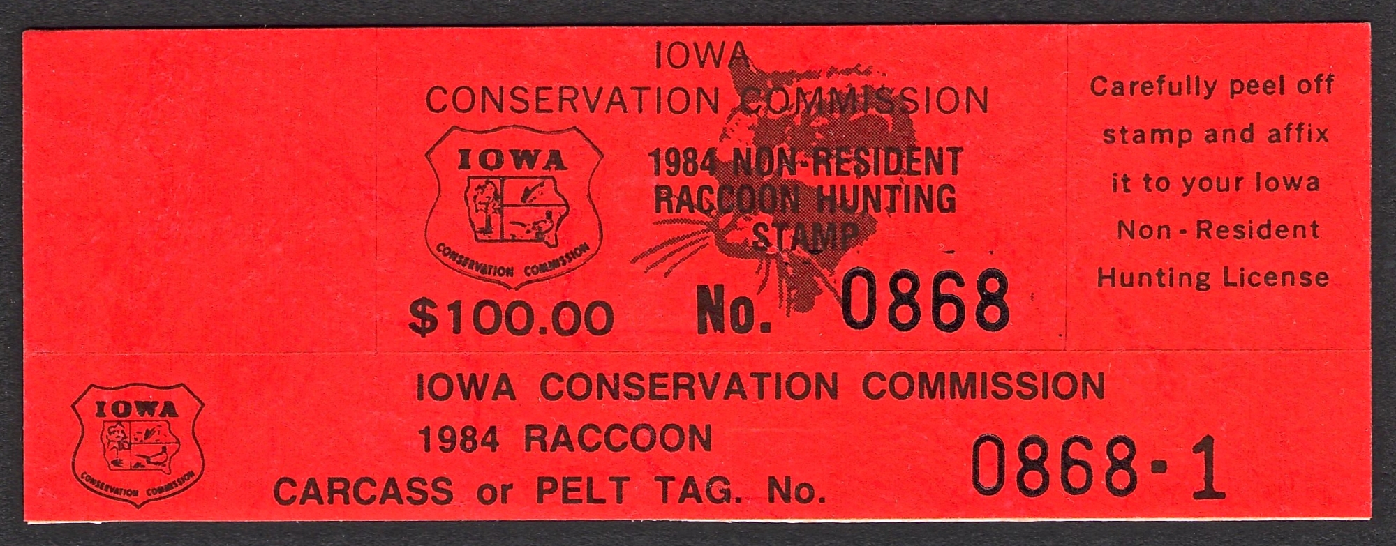 Unused  1984 Iowa NR Raccoon