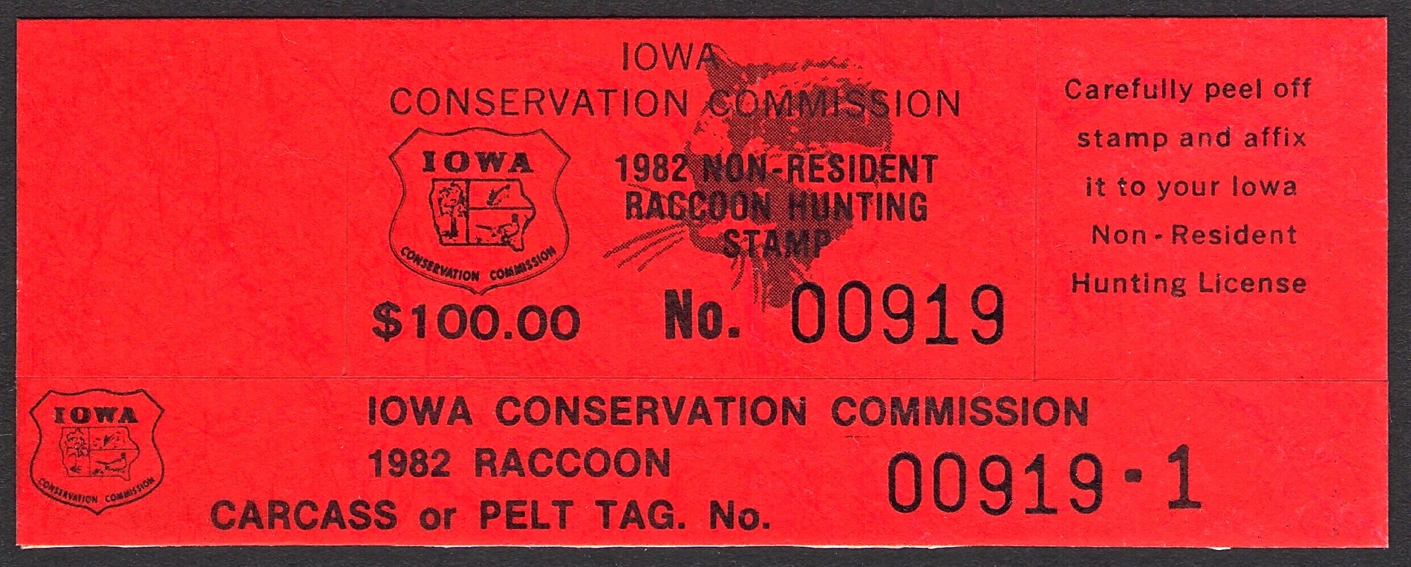 Unused 1982 Iowa NR Raccoon