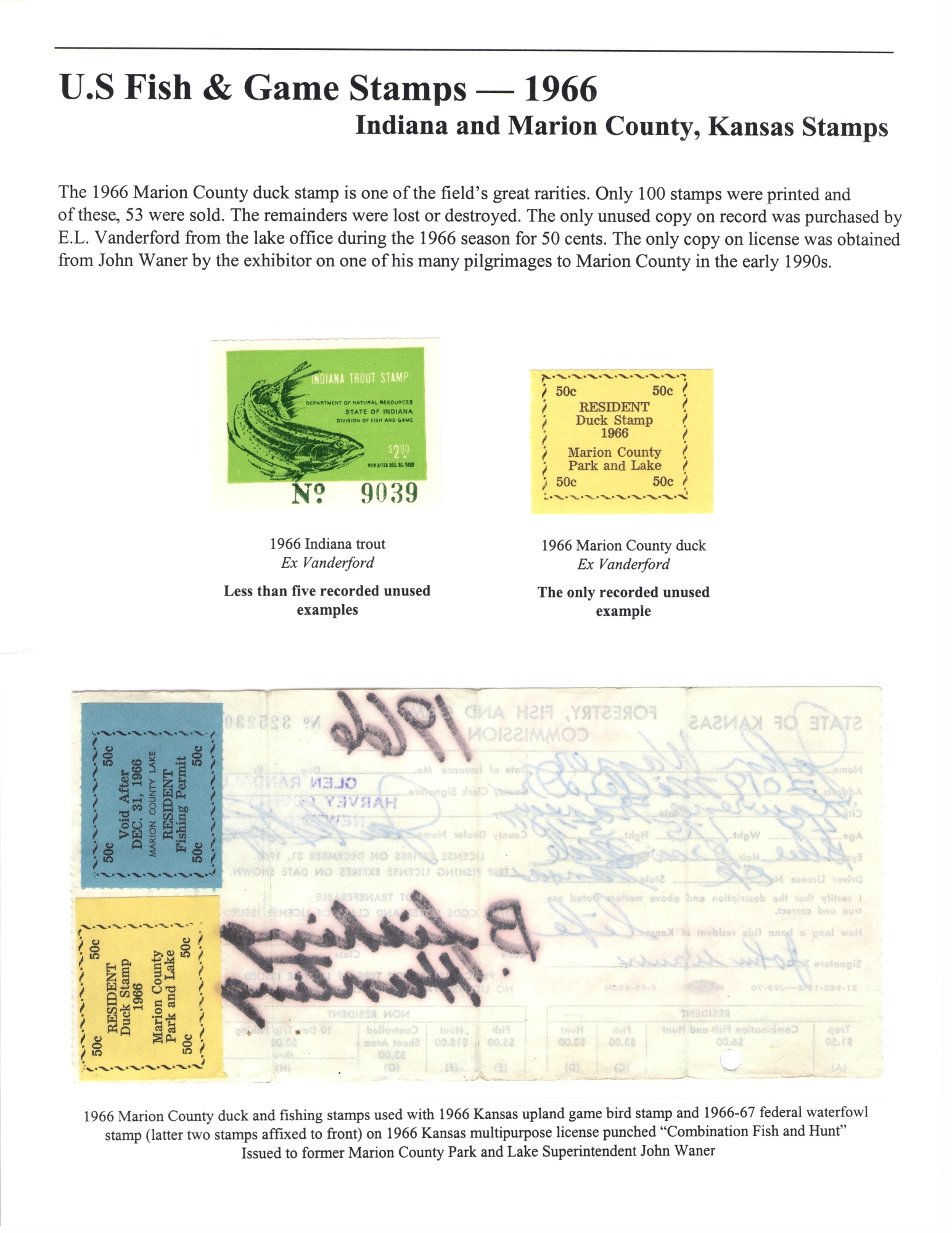 [P59] 1966 Indiana and Marion County, Kansas Stamps Waterfowl Stamps