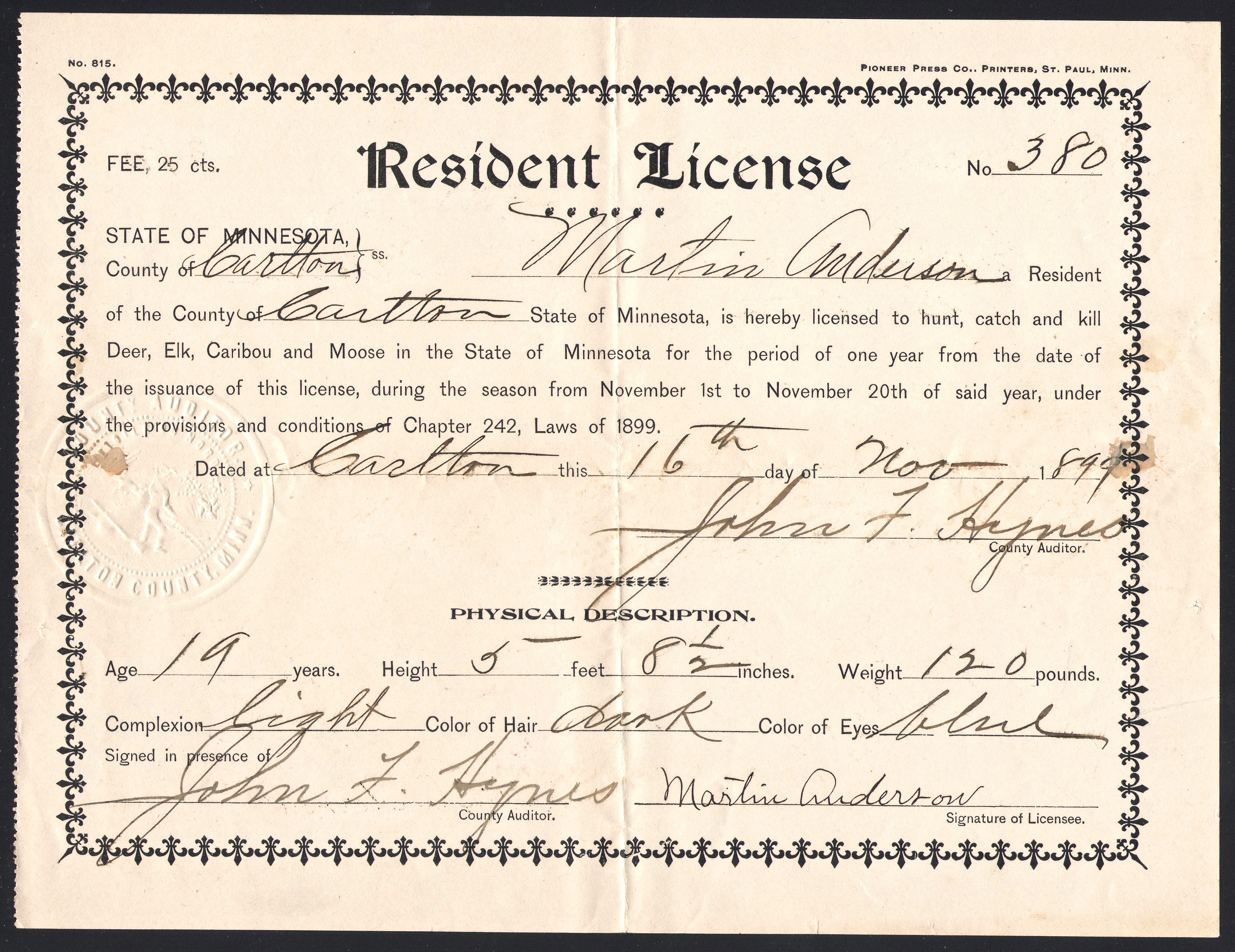 1899 Minnesota Resident Hunting License