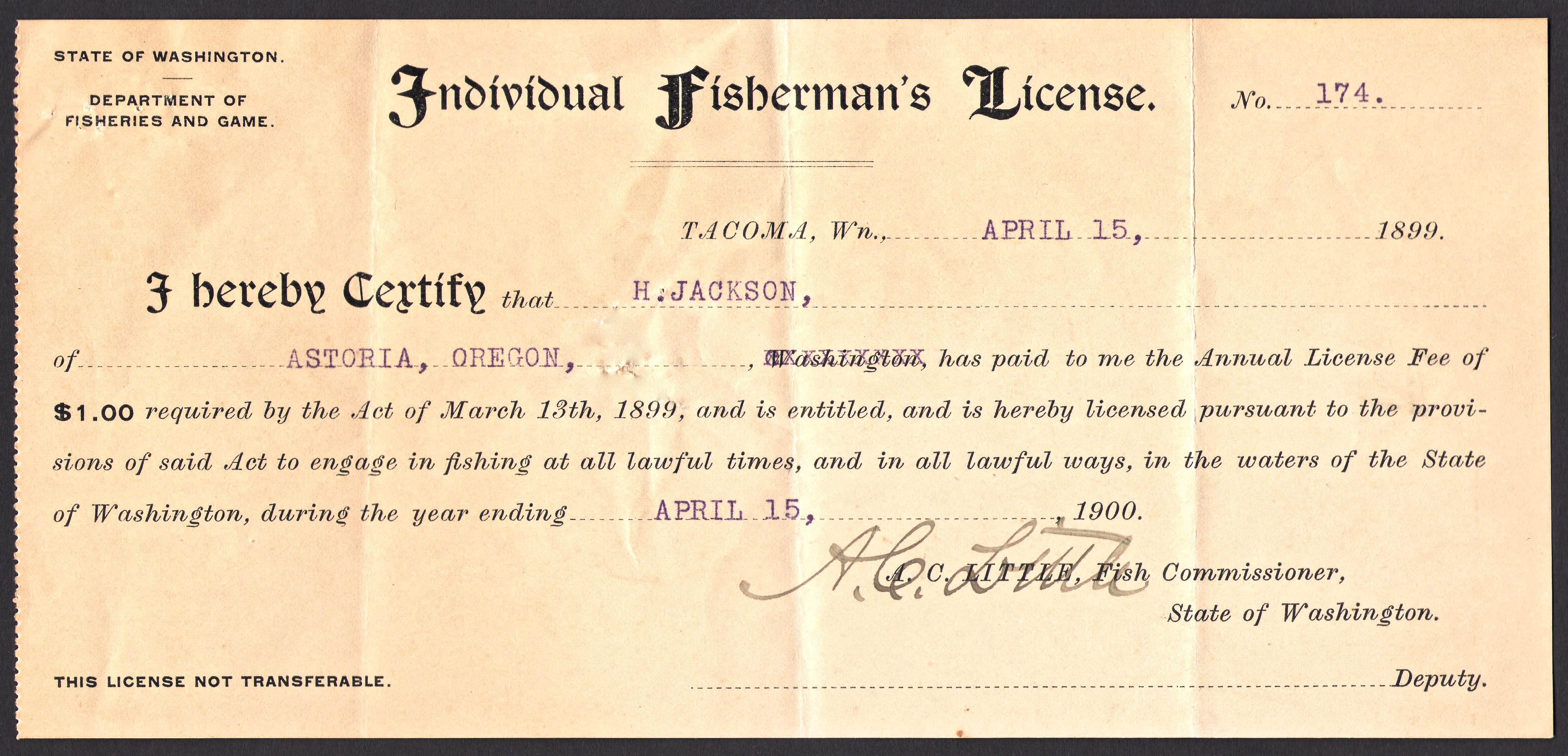 1899 Washington fishing License