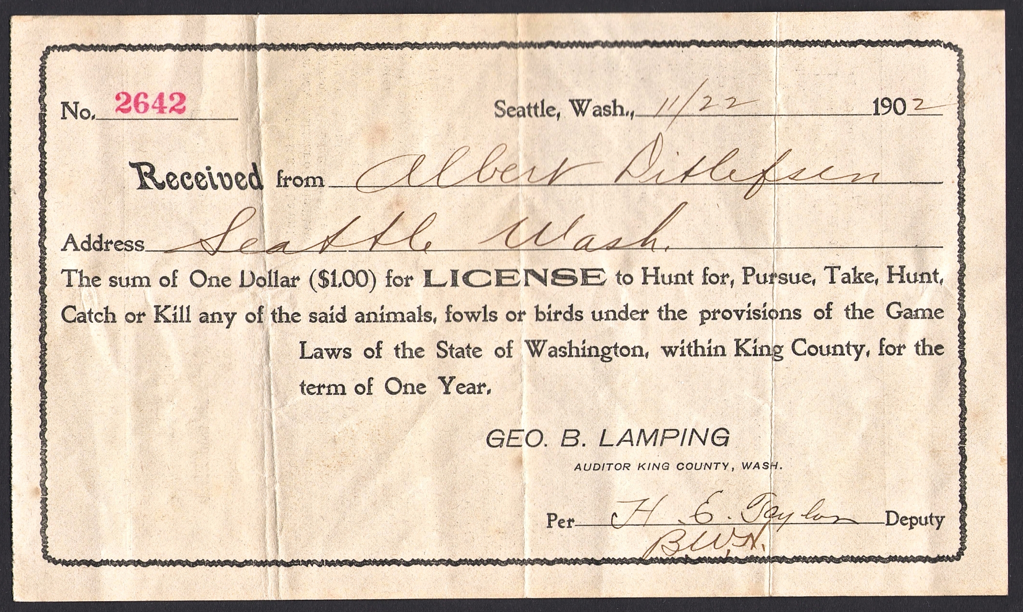 1899 1919 Washington Hunting & Fishing Licenses Waterfowl Stamps