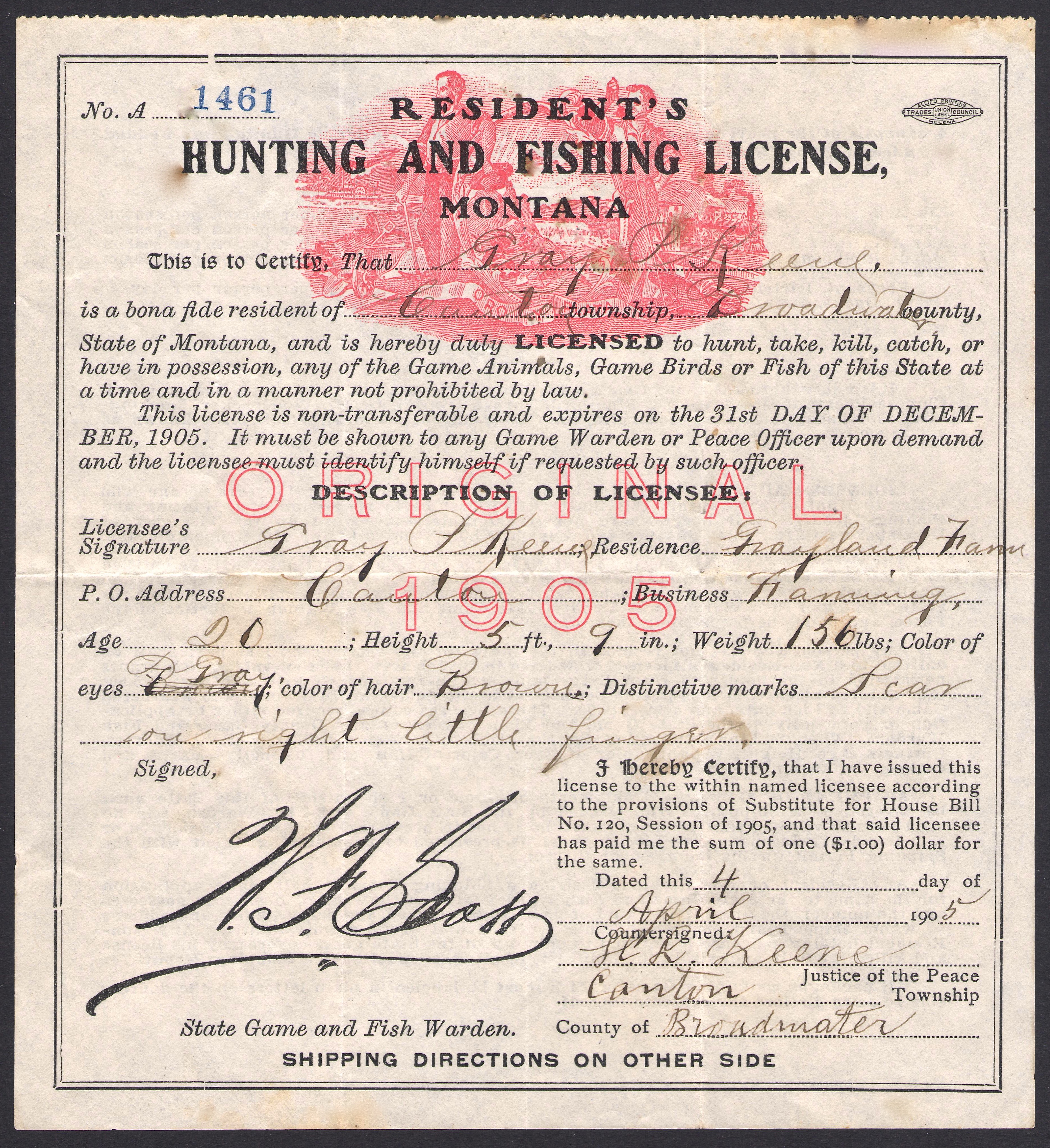 1905 Montana Resident's Hunting and Fishing License Waterfowl Stamps