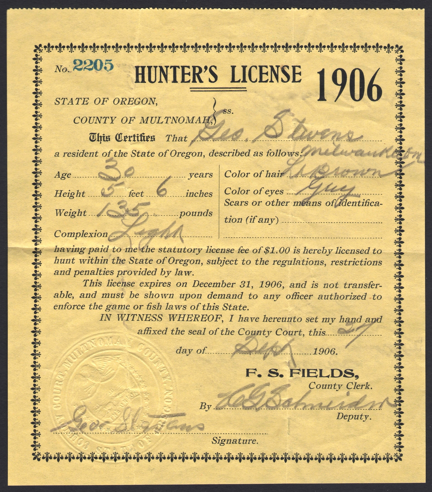 SUB 1905 1919 Oregon Hunting & Fishing Licenses Waterfowl Stamps