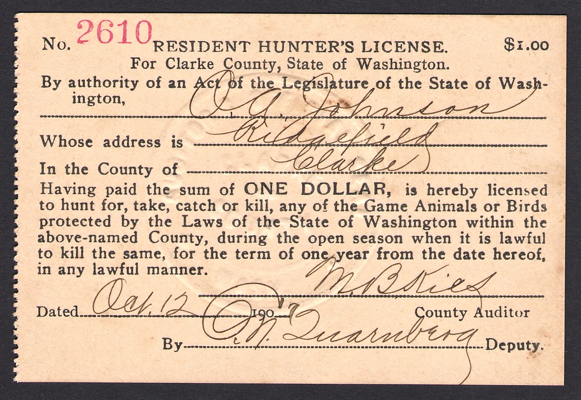 1899 1919 Washington Hunting & Fishing Licenses Waterfowl Stamps