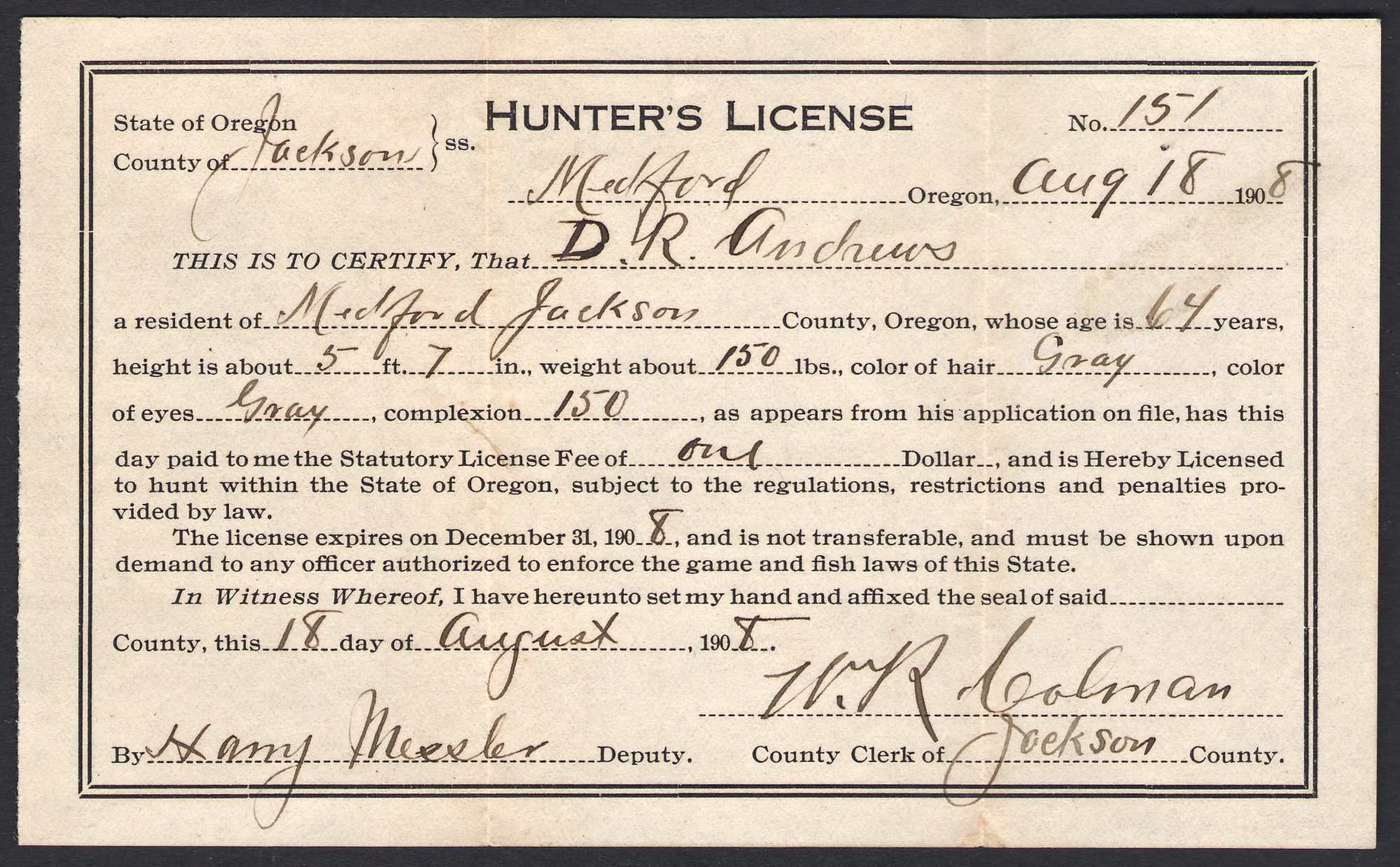 1905 1919 Oregon Hunting & Fishing Licenses Waterfowl Stamps and More