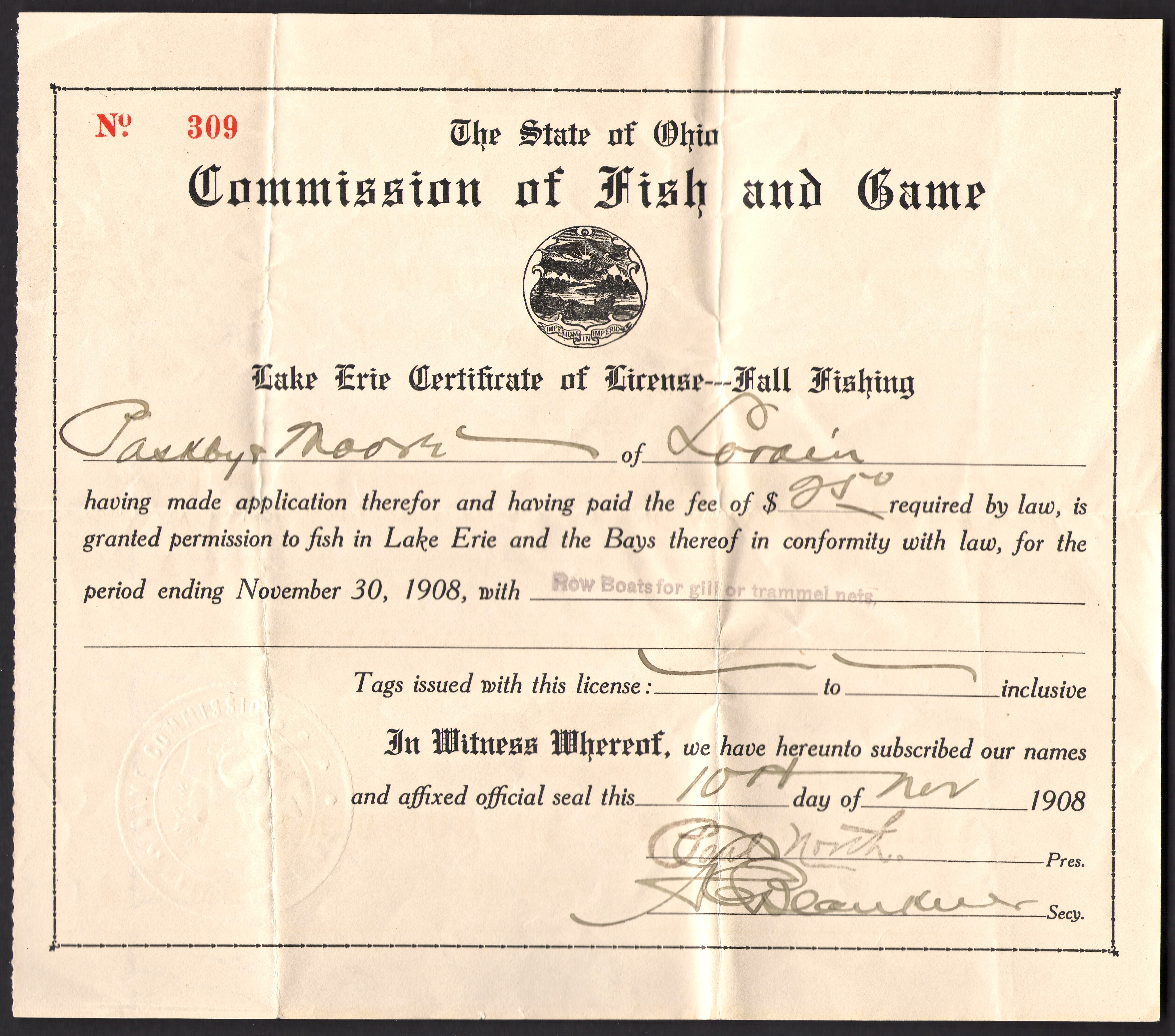 1908 Ohio License to Fish on Lake Erie in a Rowboat