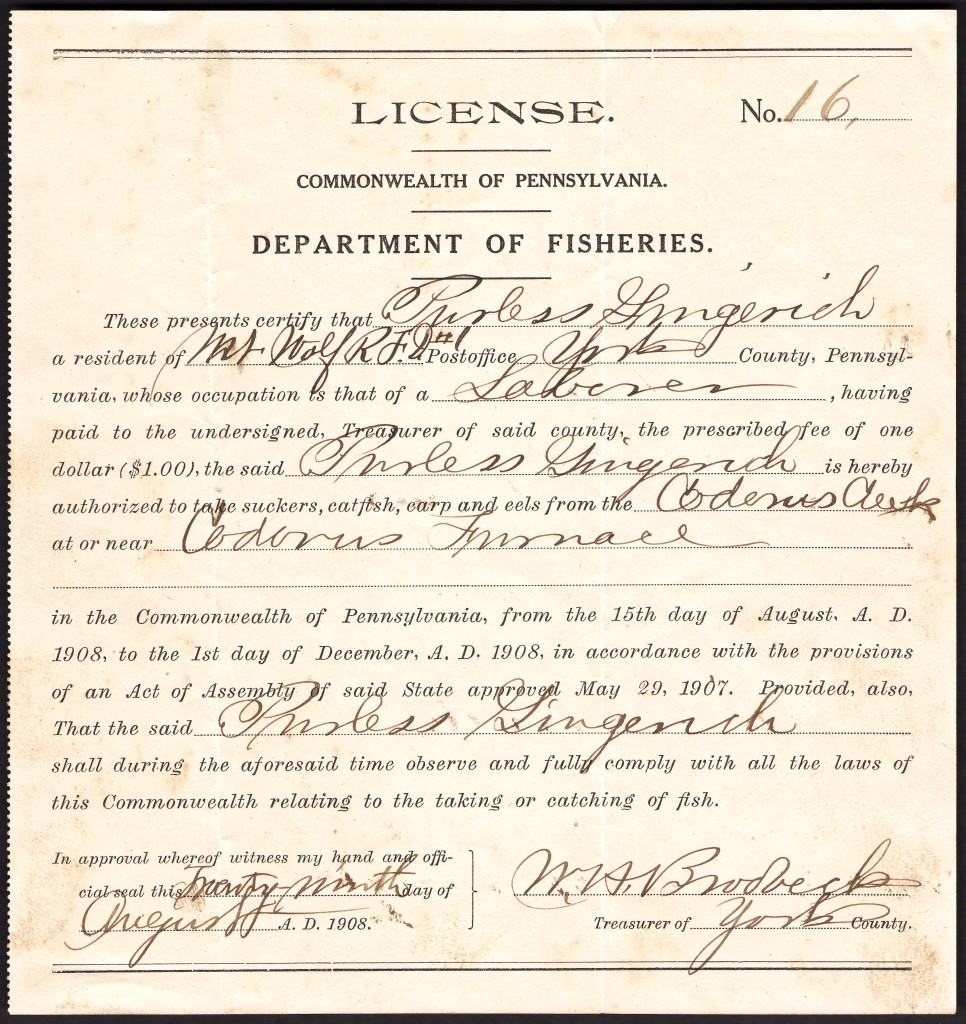 1908 Pennsylvania Fishing License