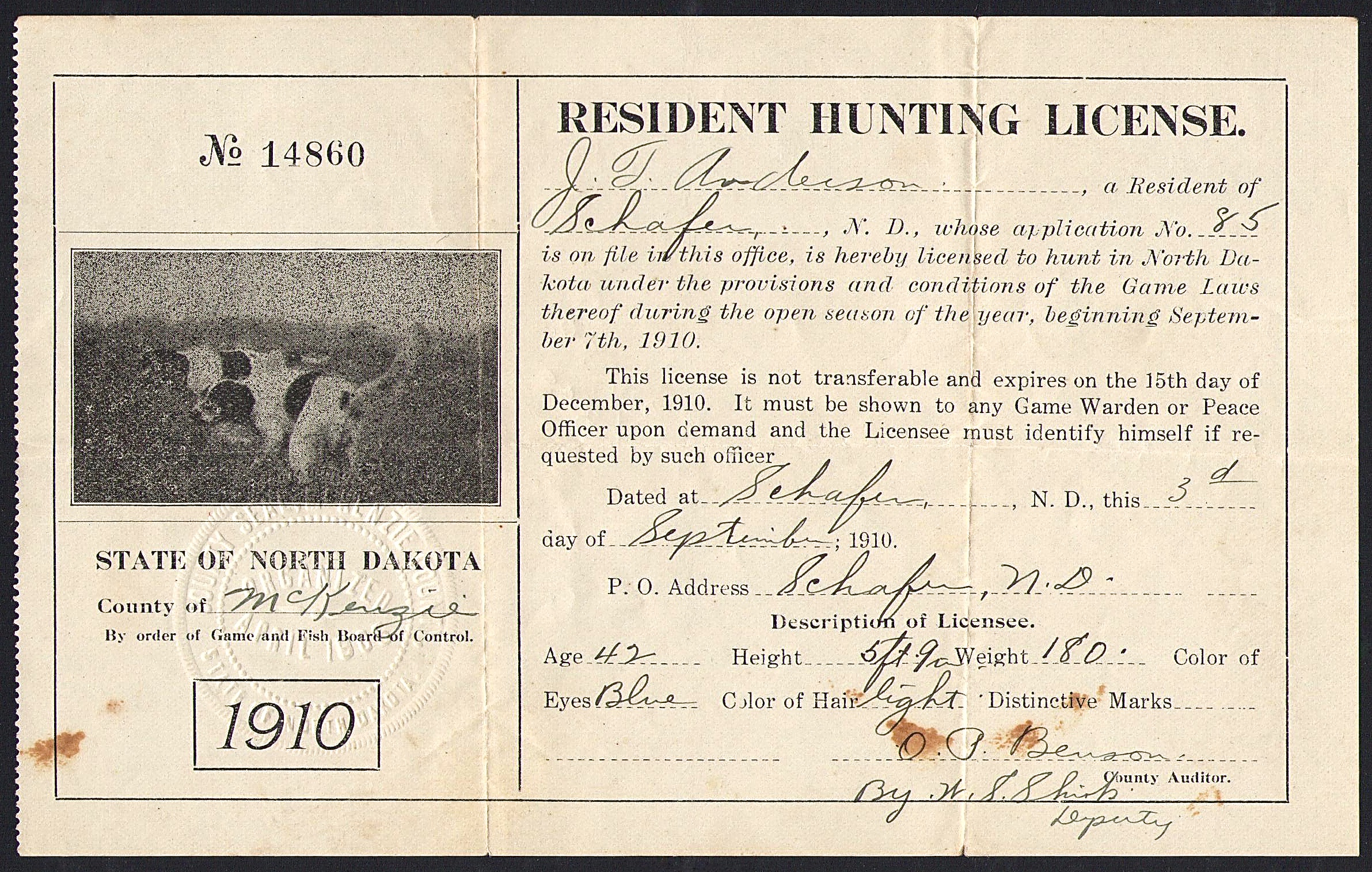 1910 North Dakota Resident Hunting License with Blood Stains