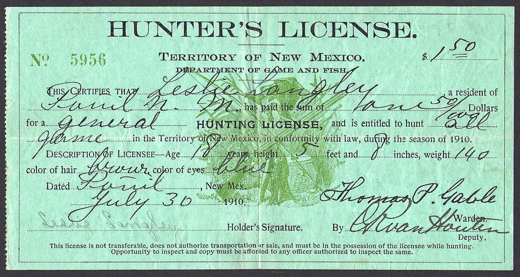 1910 Territory of New Mexico Hunter's License