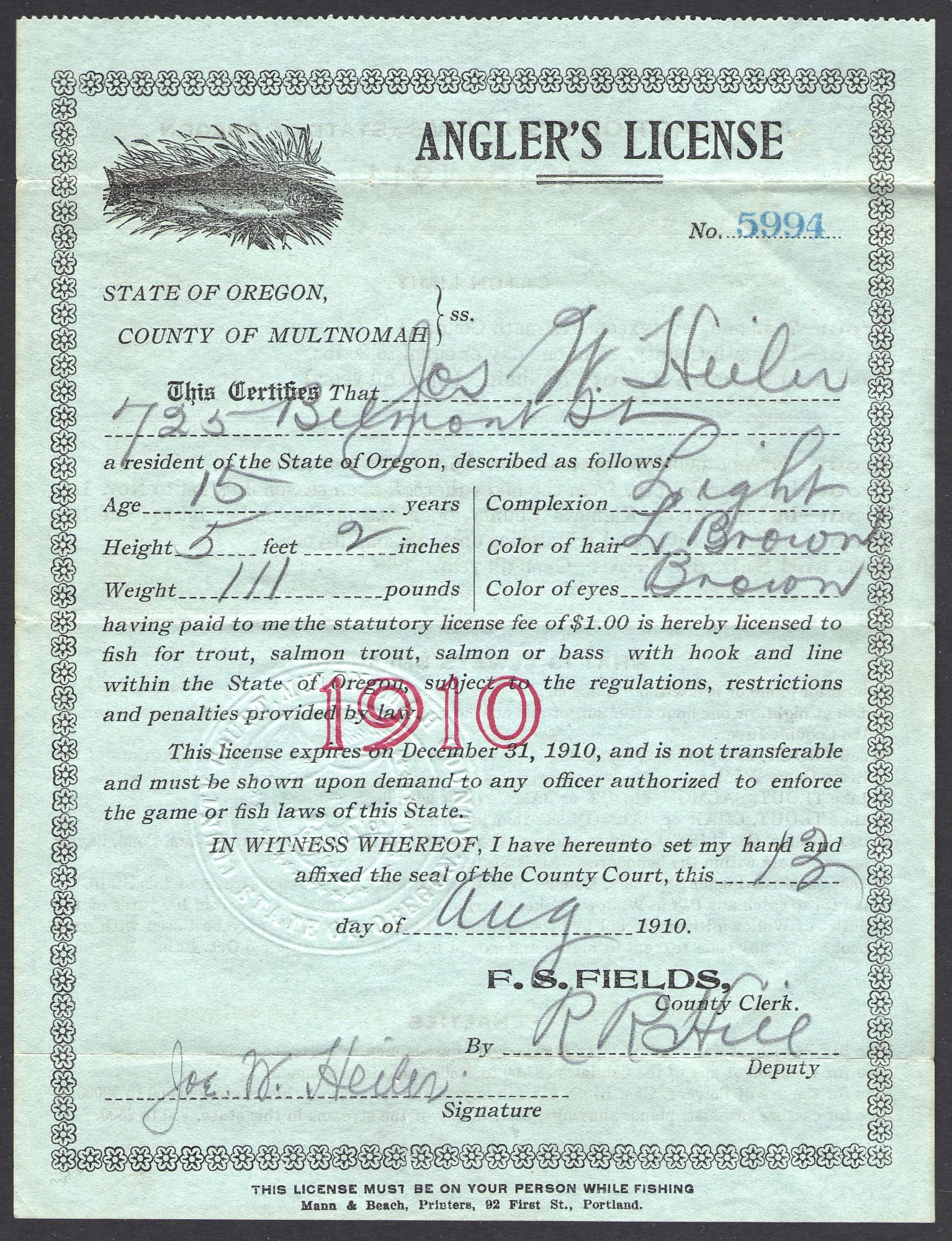 SUB 1905 - 1919 Oregon Hunting & Fishing Licenses - Waterfowl Stamps