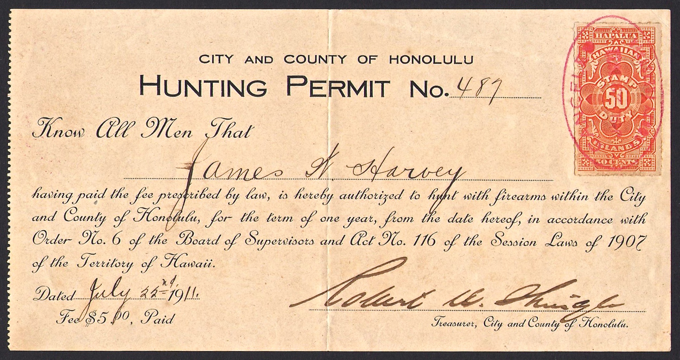 1911 City and County of Honolulu Hunting Permit