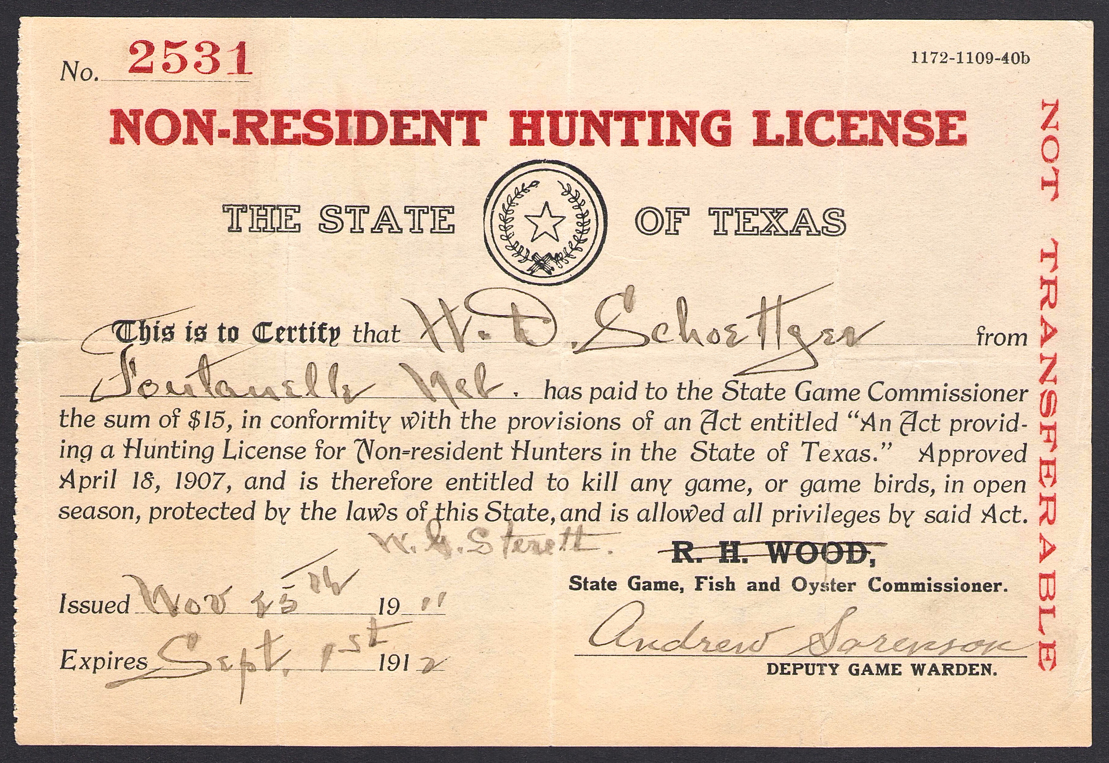 1911 Texas NR Hunting License