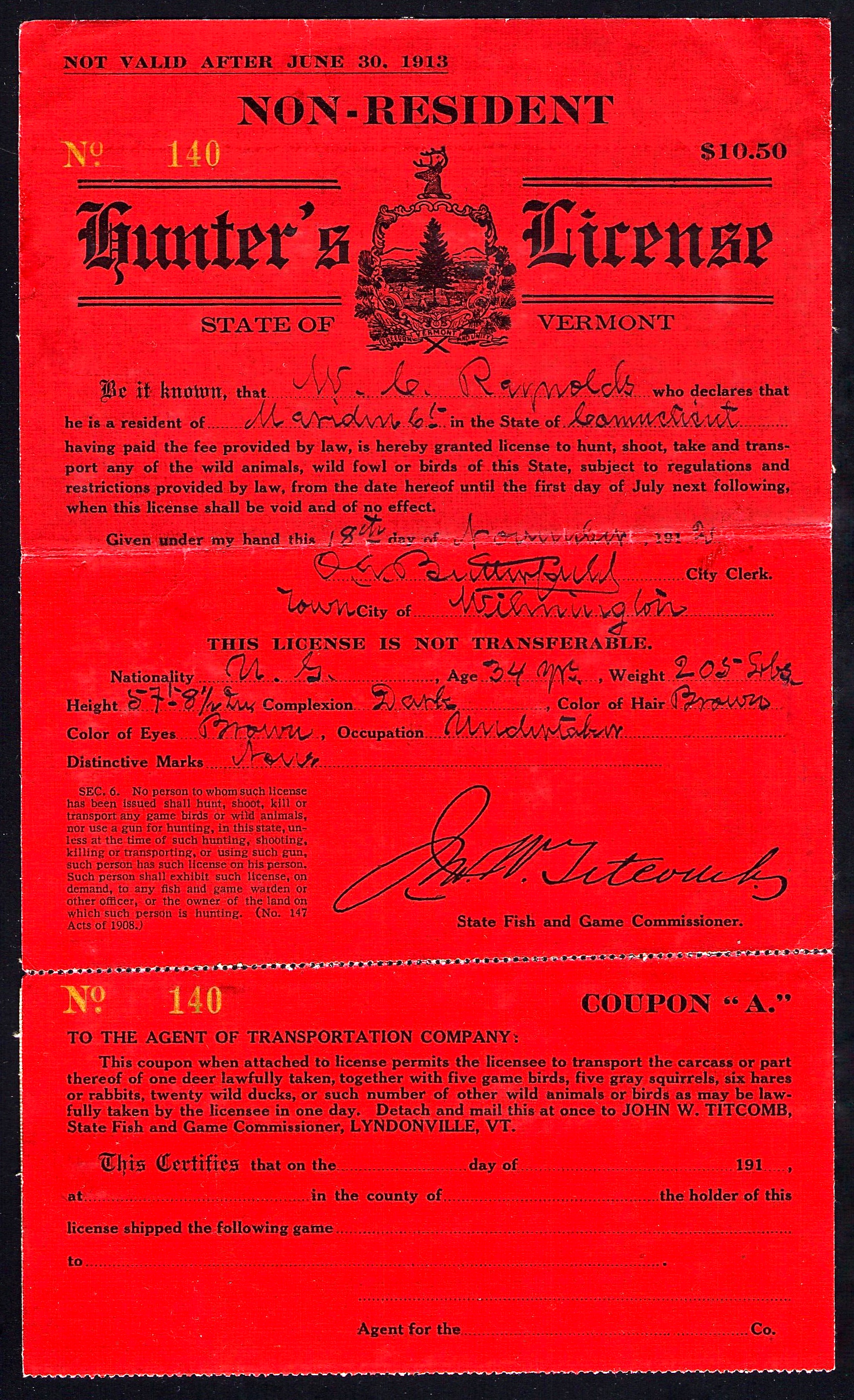 1912-13 Vermont NR Hunter's License With Tags