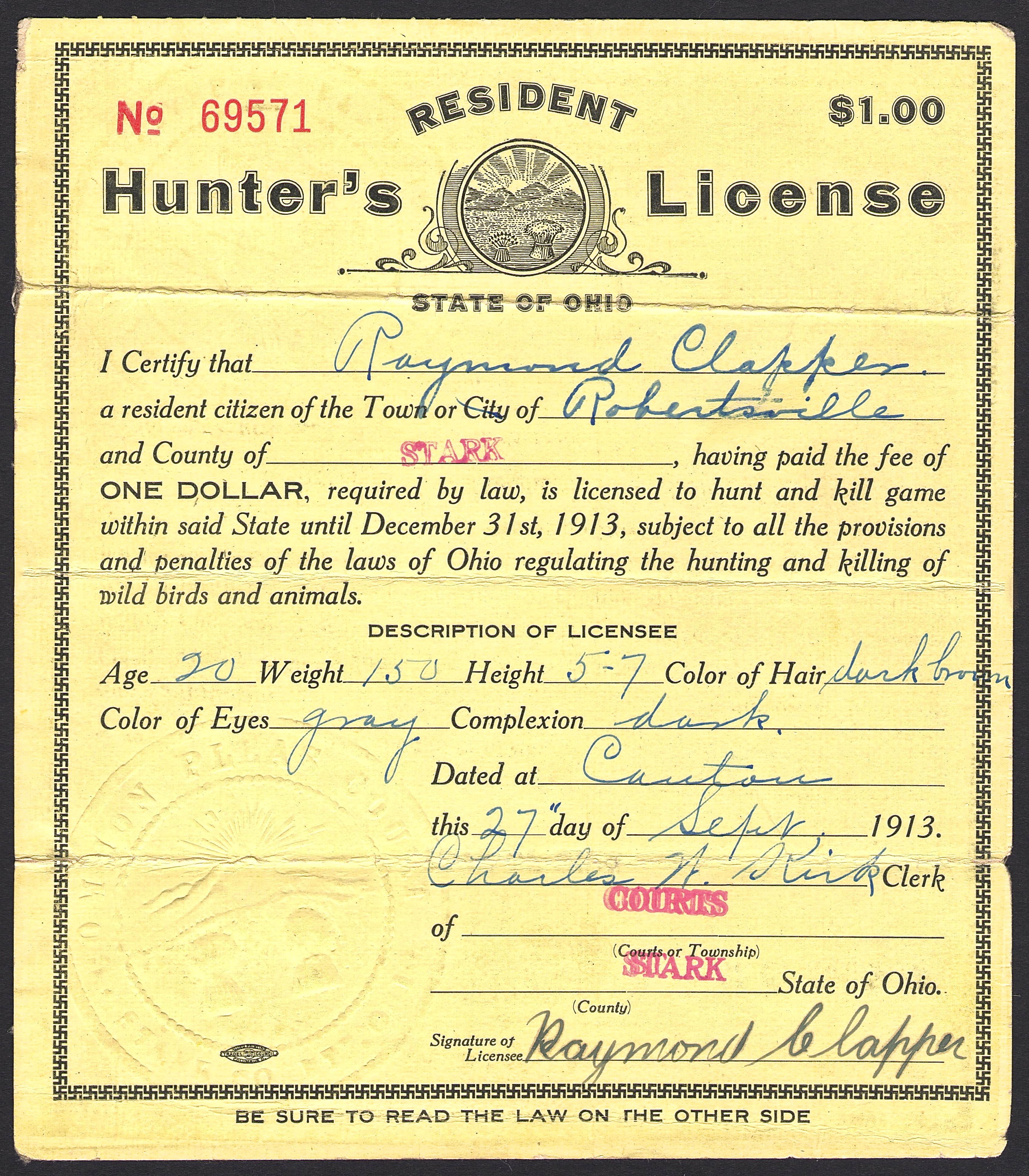 1920s WISCONSIN Resident General Hunting Application License LEGAL document 