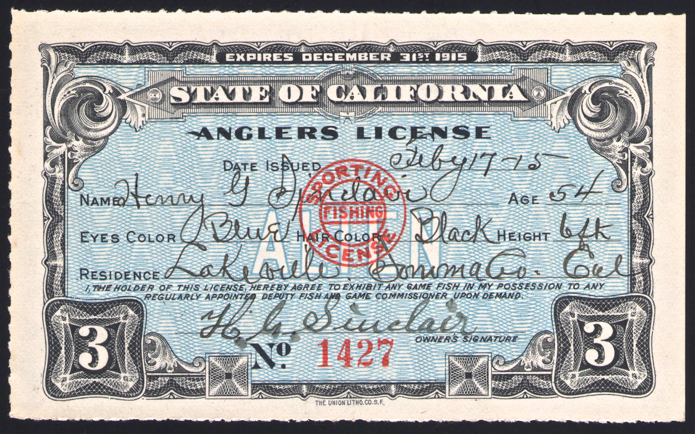 1914 California Alien Fishing License