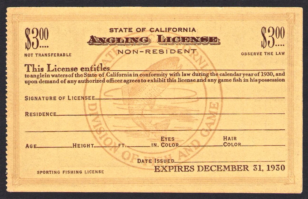 Unused 1930 California NR Angling License