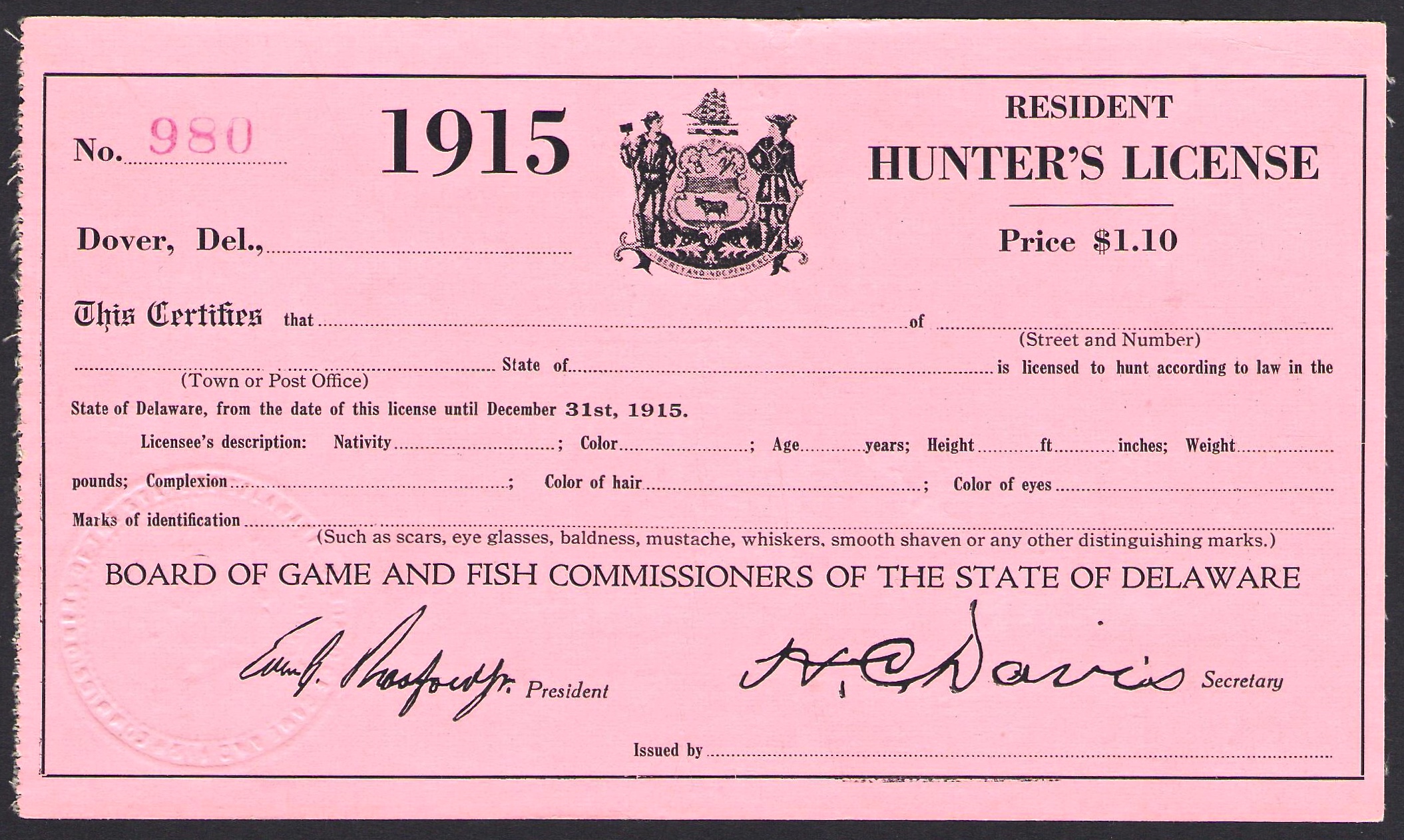 Unused 1915 Delaware Resident Hunter's License
