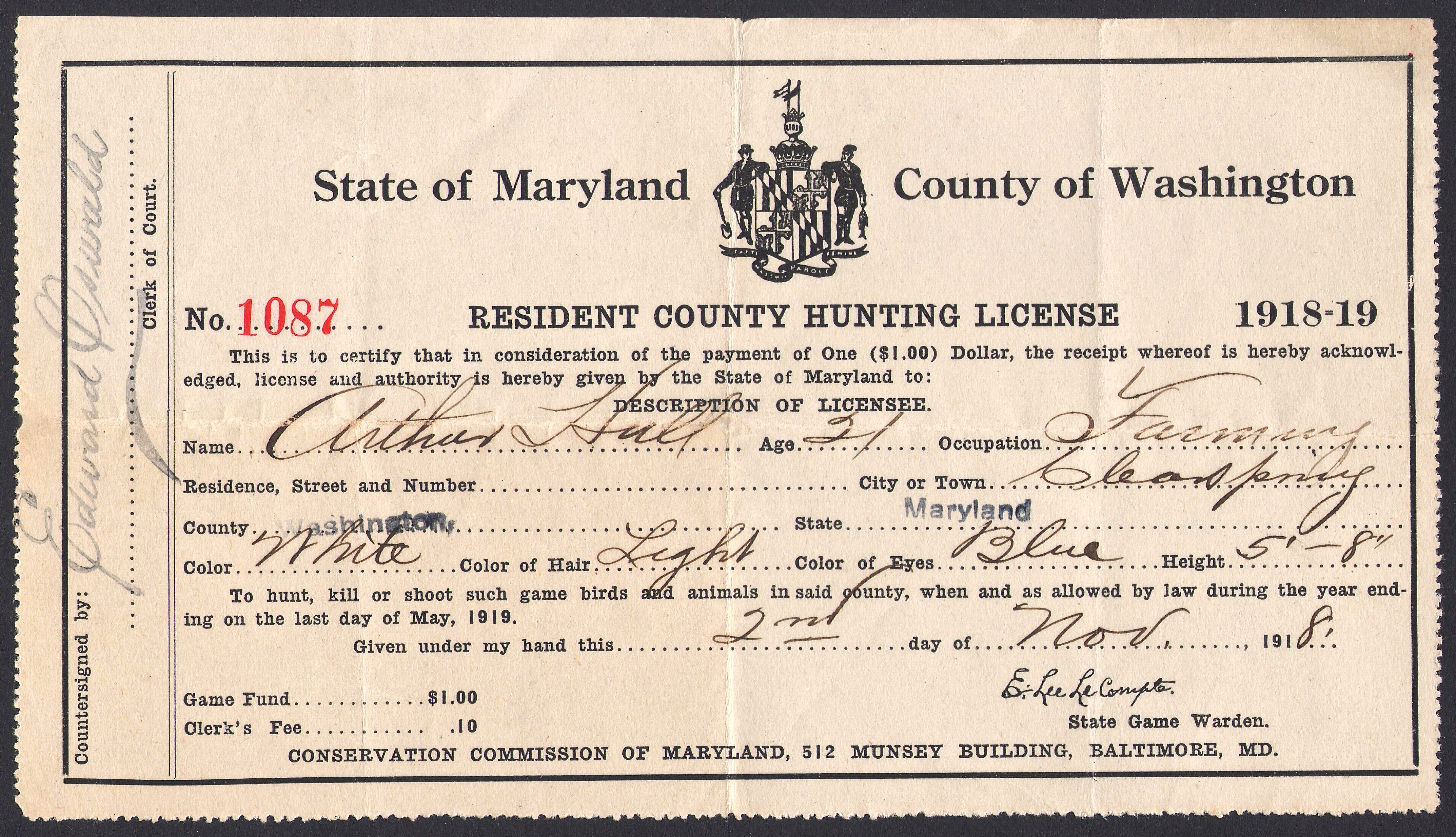191819 Maryland County Resident Hunting License Waterfowl Stamps and