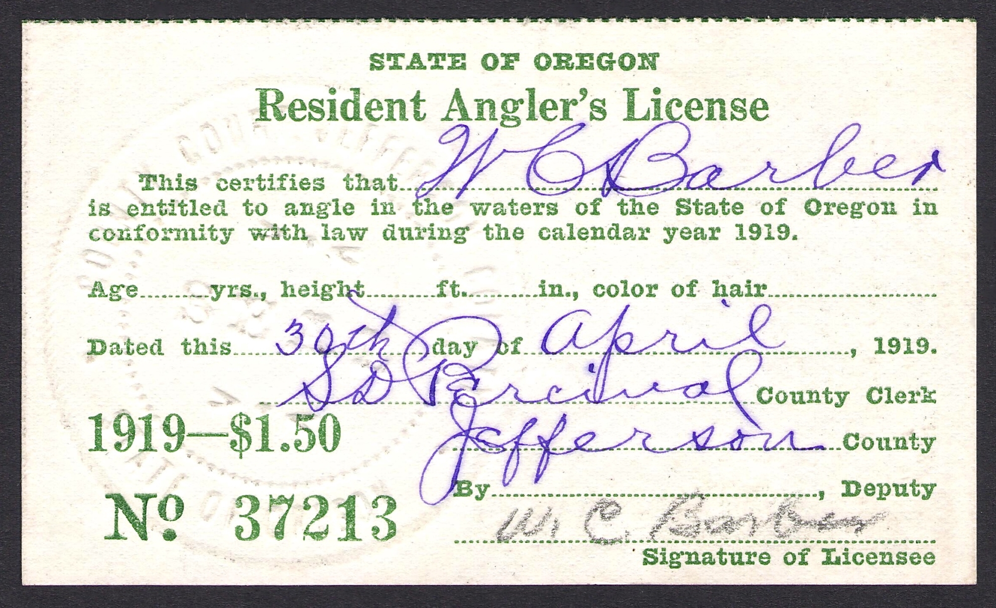 SUB 1905 1919 Oregon Hunting & Fishing Licenses Waterfowl Stamps