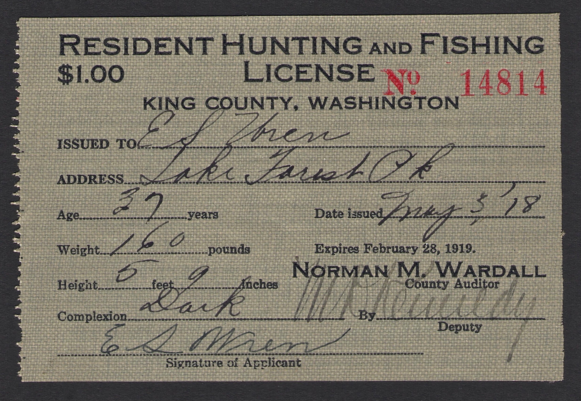 SUB 1899 1919 Washington Hunting & Fishing Licenses Waterfowl
