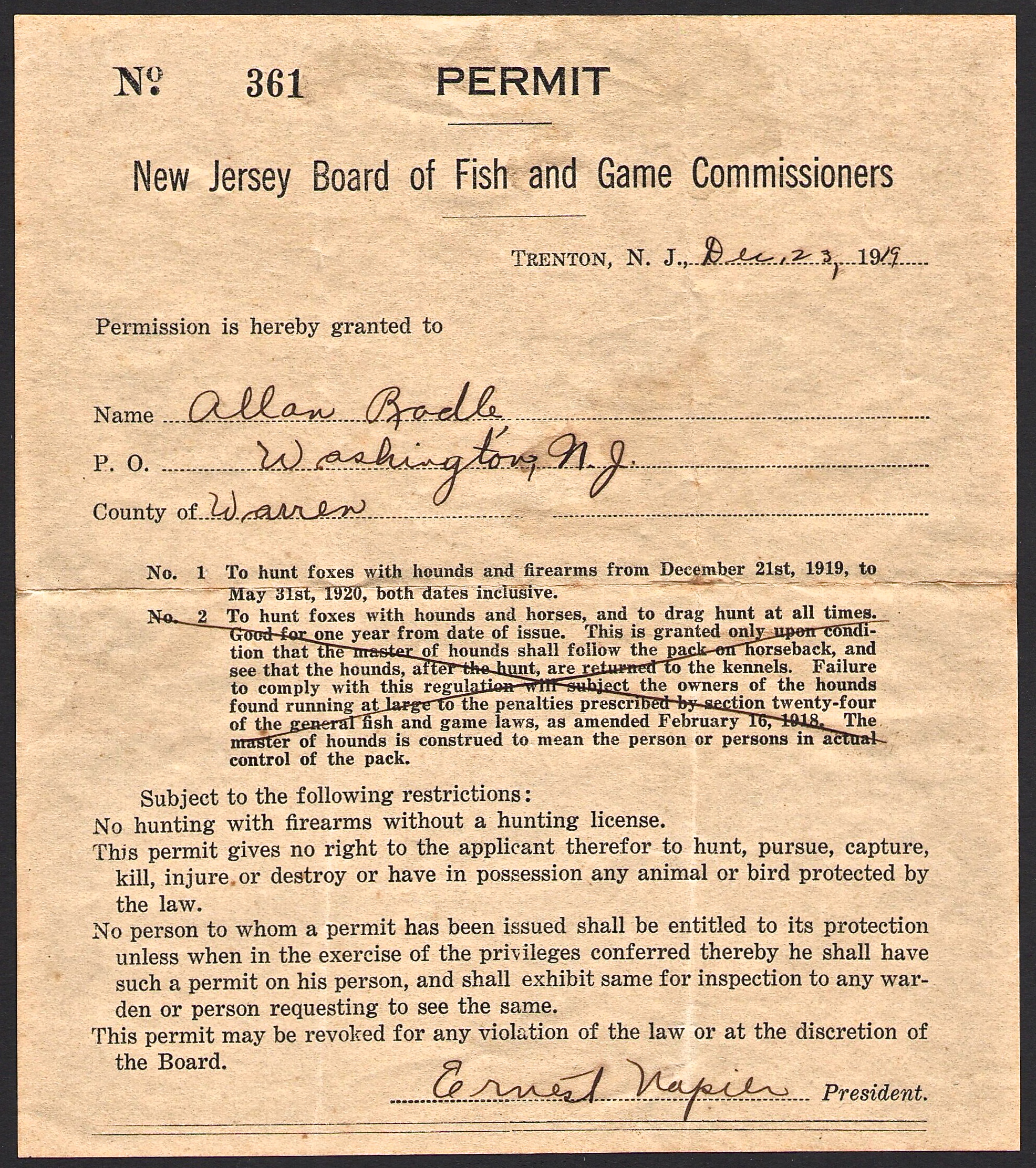 1919 New Jersey Permit to Hunt Foxes with Hounds