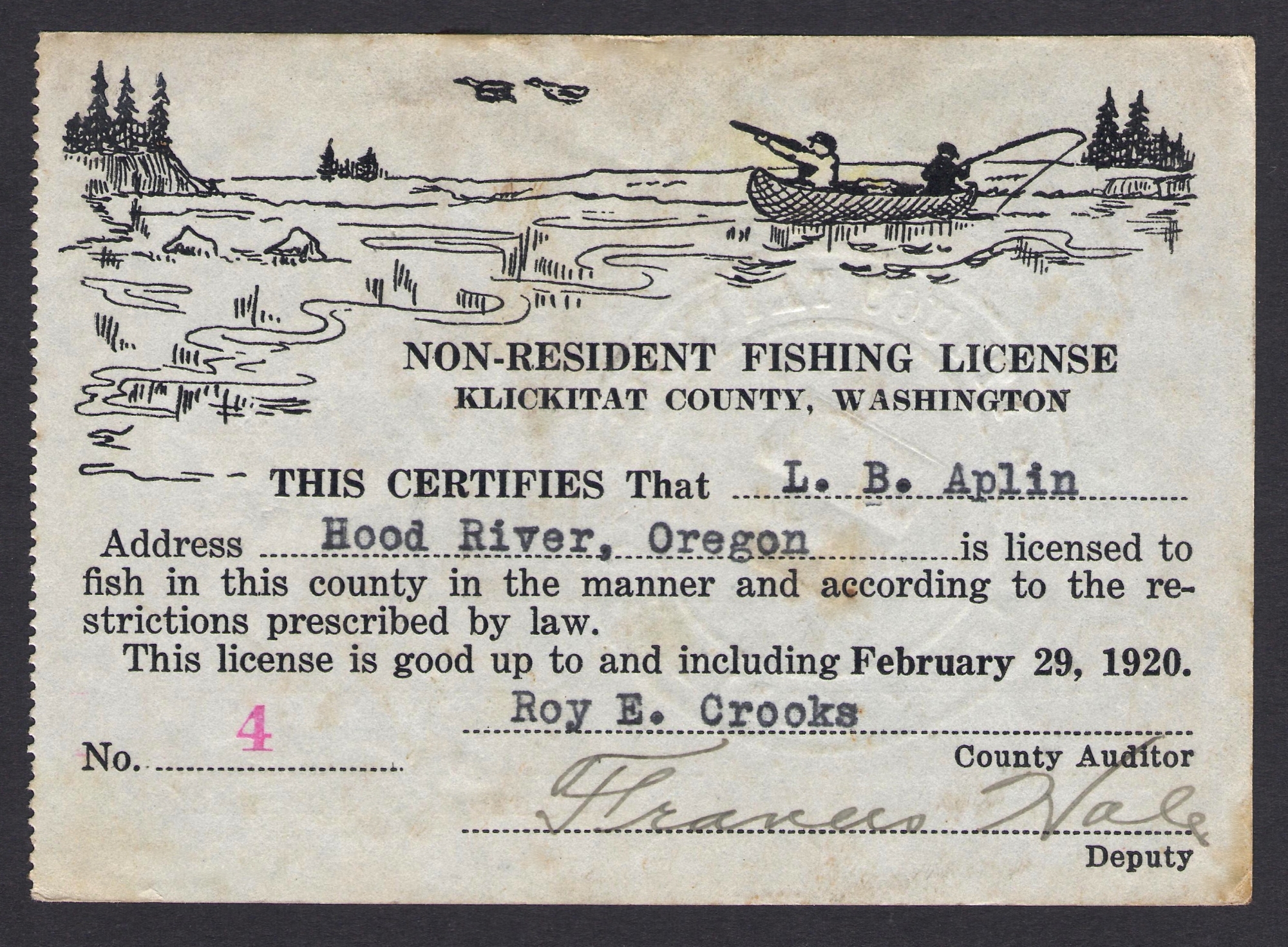 SUB 1899 1919 Washington Hunting & Fishing Licenses Waterfowl