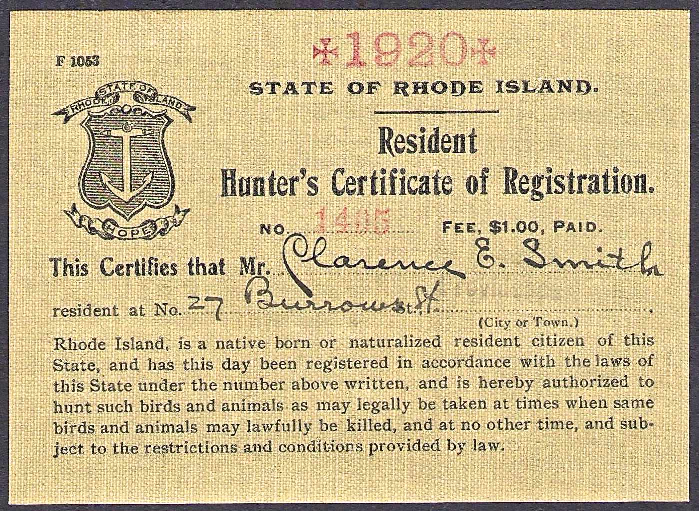 1920 Rhode Island Resident Hunter's Certificate