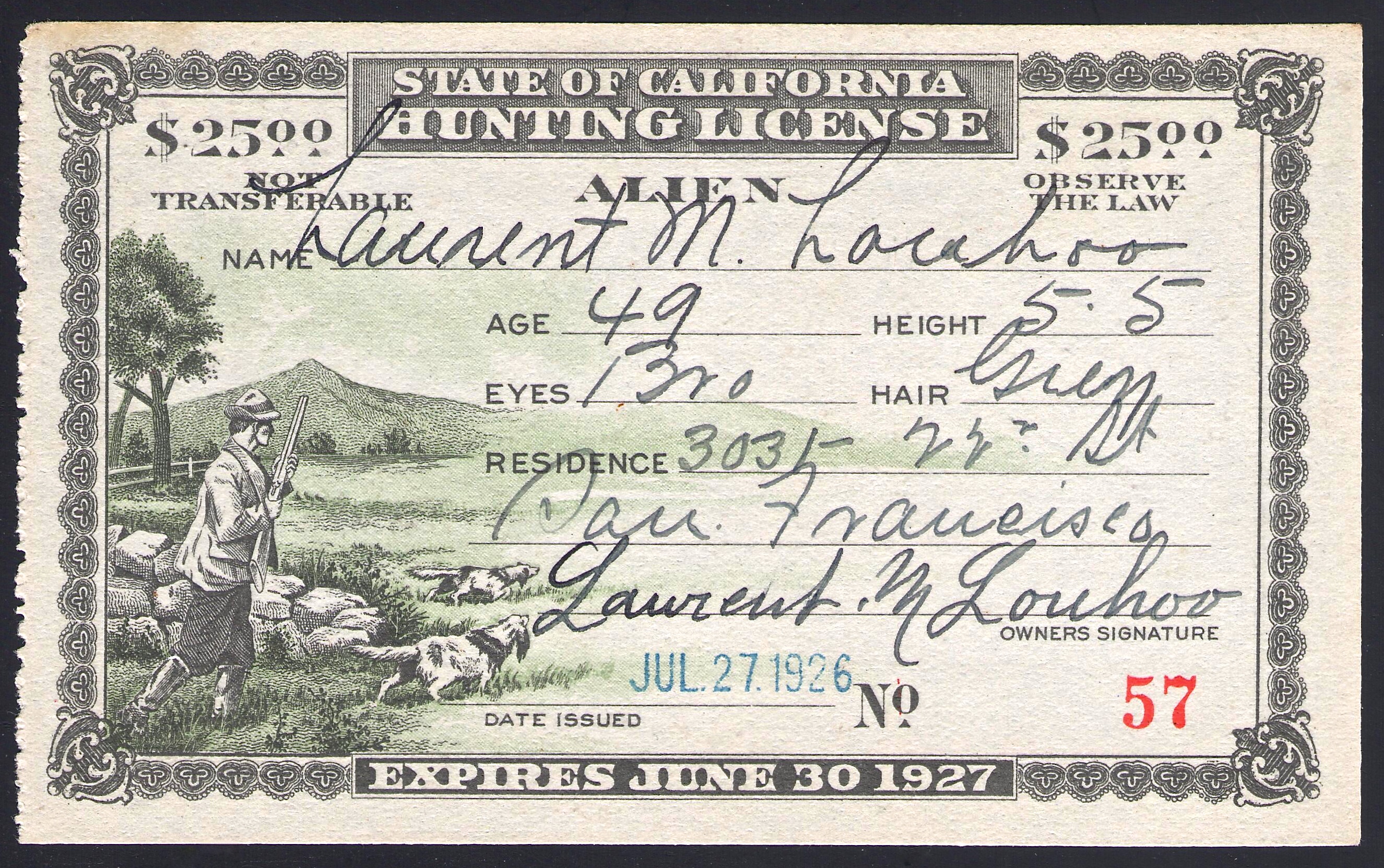 1926-27 California Alien Hunting License