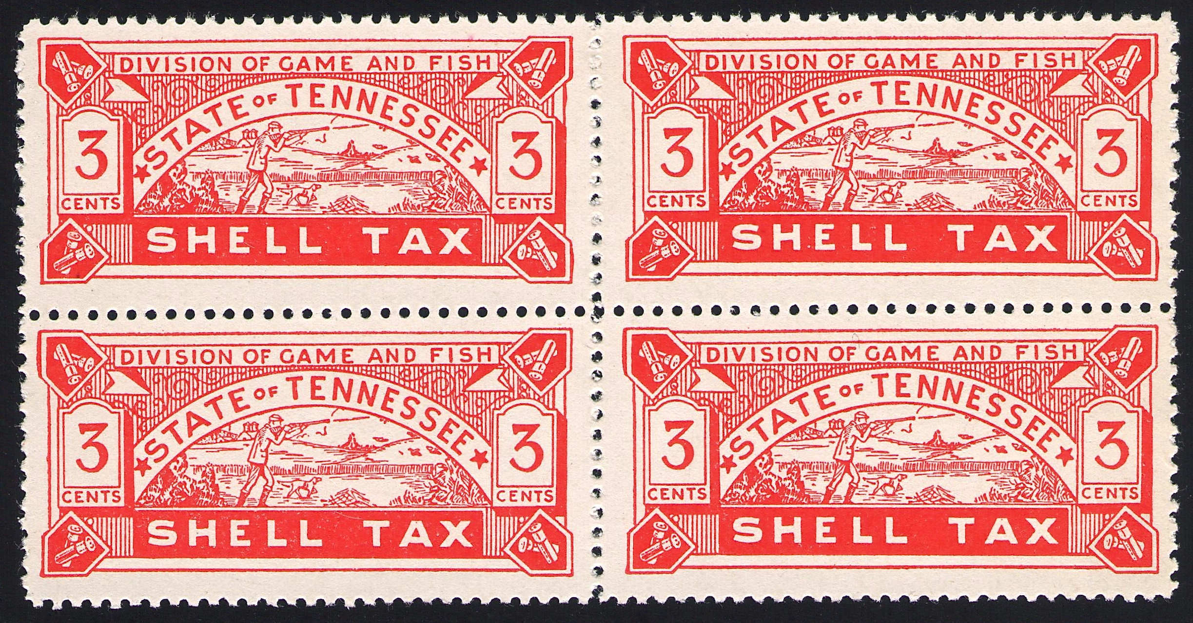 1938 3 Cents Tennessee Shell Tax Block - ex Joyce