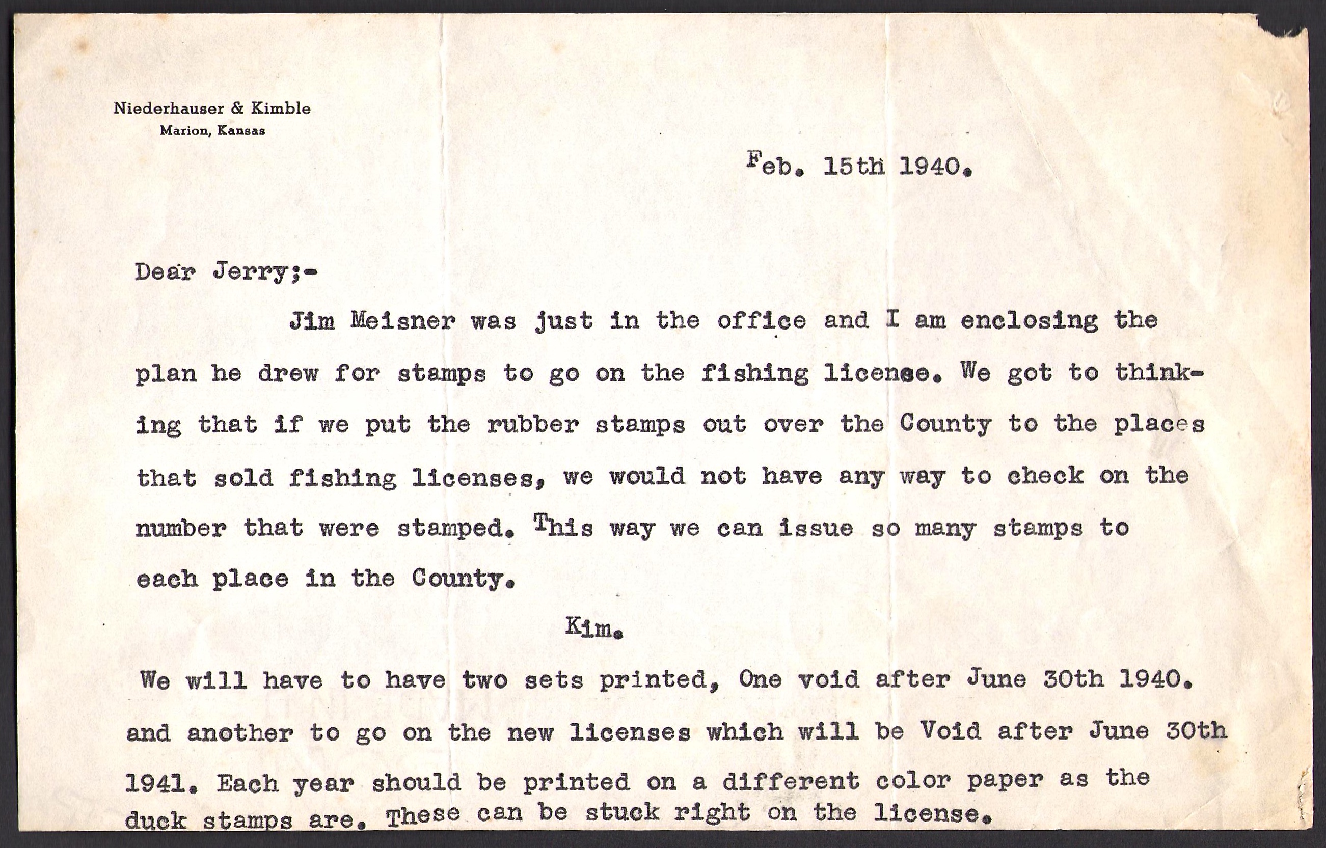 Historic Letter to Jerry Mullikin Anouncing Marion County Will Print Adhesive Stamps