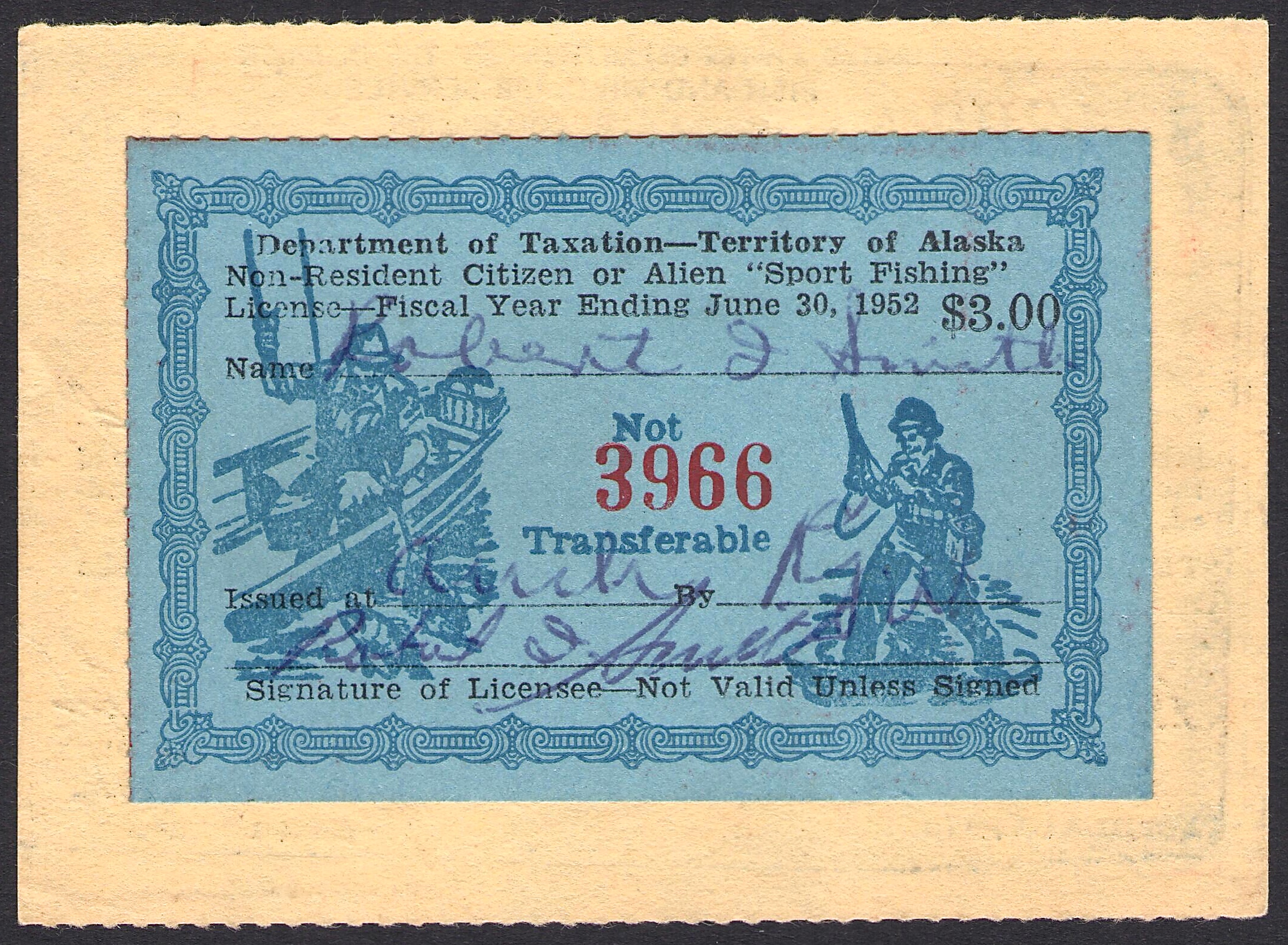 1951-52 Alaska NR or Alien Sport Fishing on License