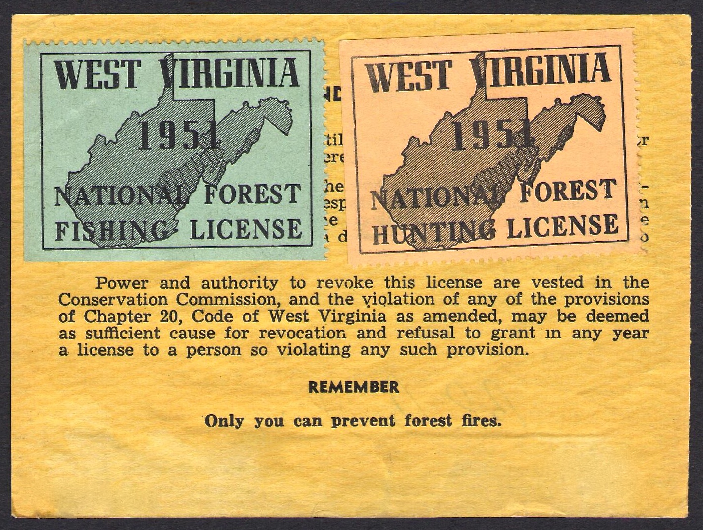 1951 West Virginia National Forest Fishing and Hunting Stamps on License