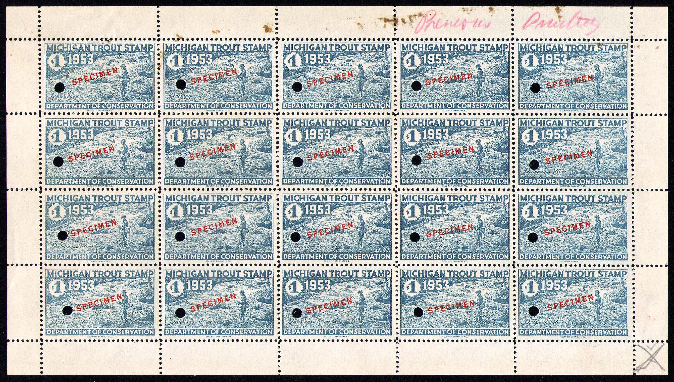 1953 Michigan Trout Specimen Sheet Marked "Previous Printing" - Likely Used As a Production Proof in 1954 