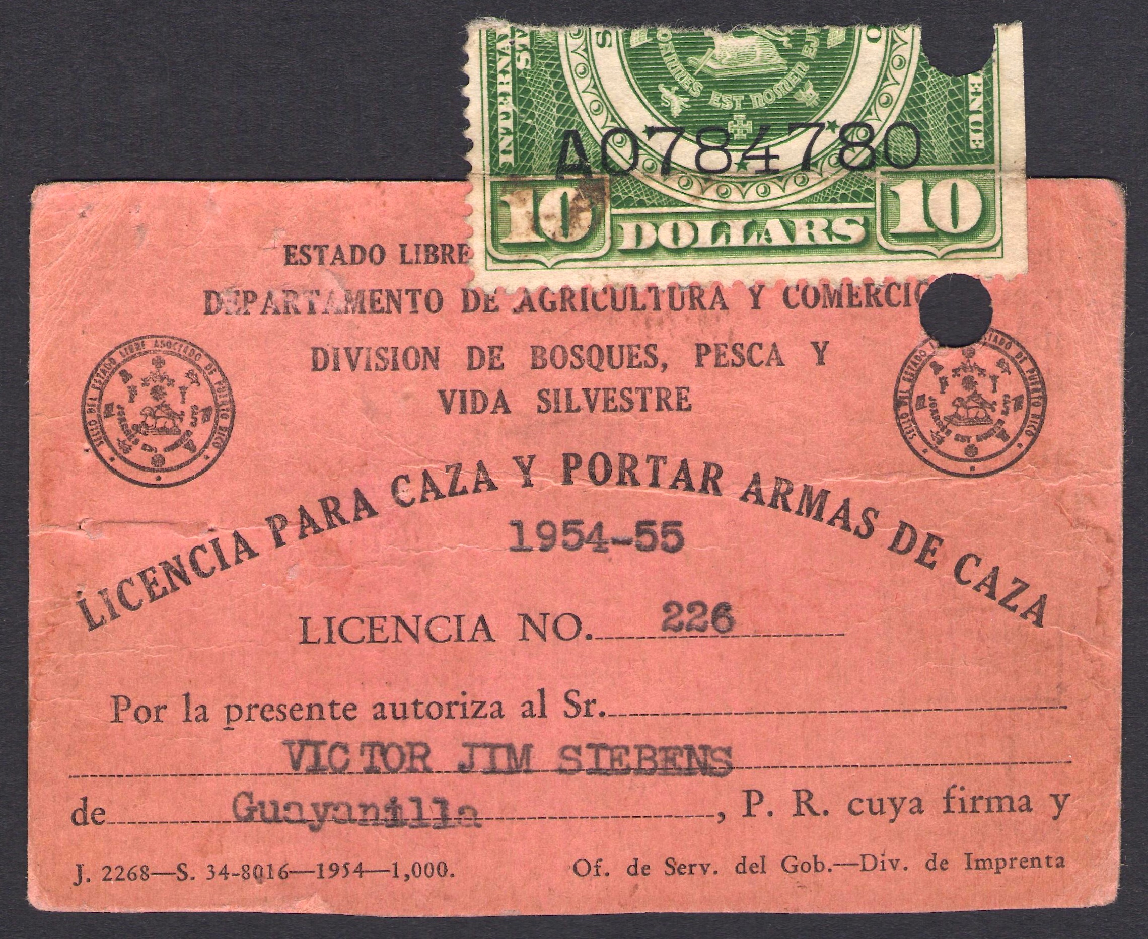 1954-55 Puerto Rico Hunting Permit with Internal Revenue Validating Stamp