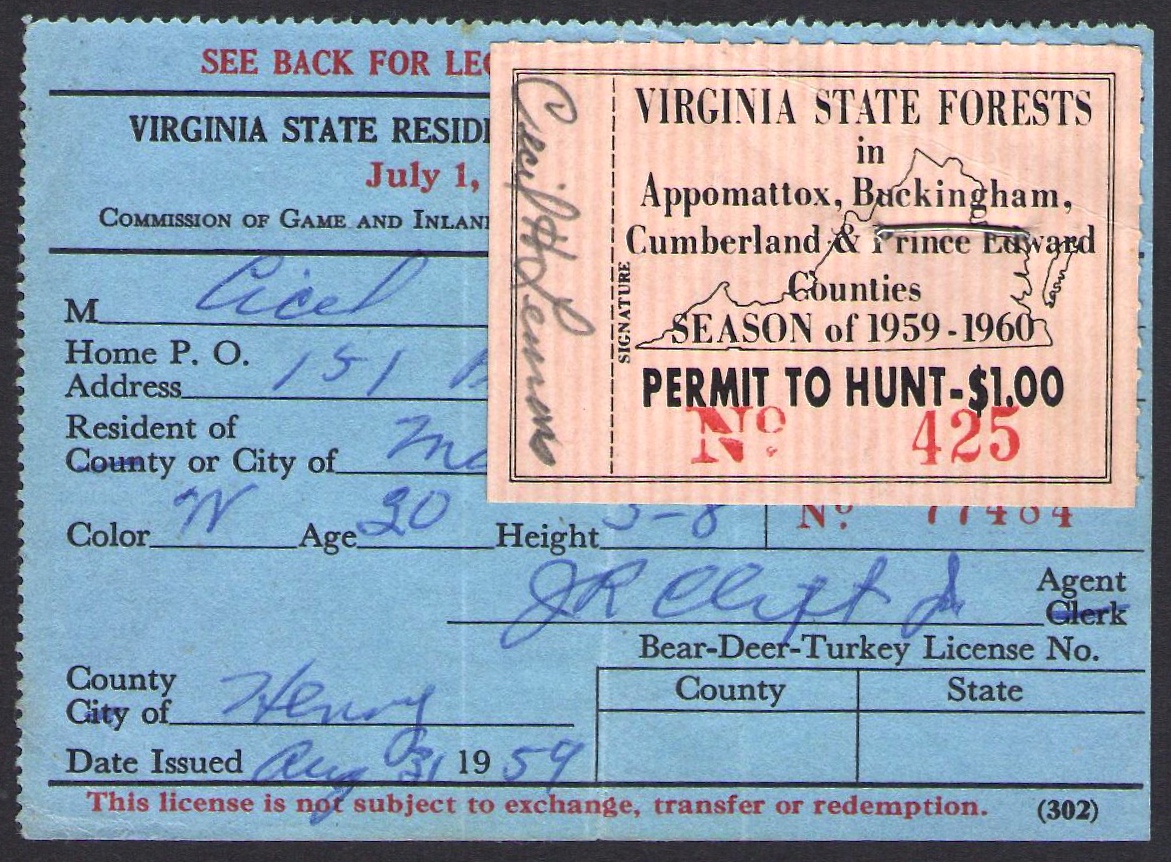 1959-60 Virginia National Forest Stapled to a License