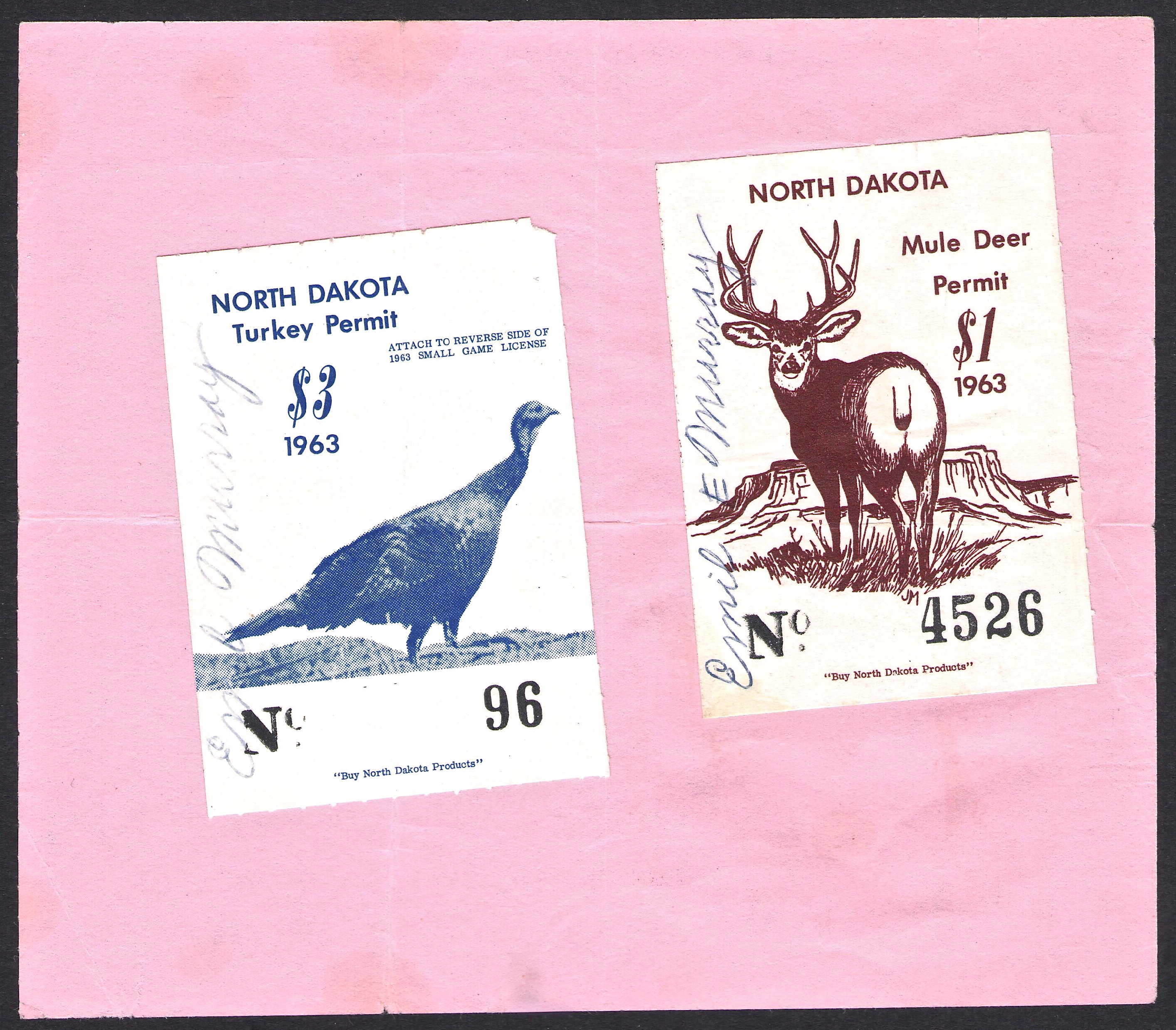 1963 North Dakota Turkey and Mule Deer on License