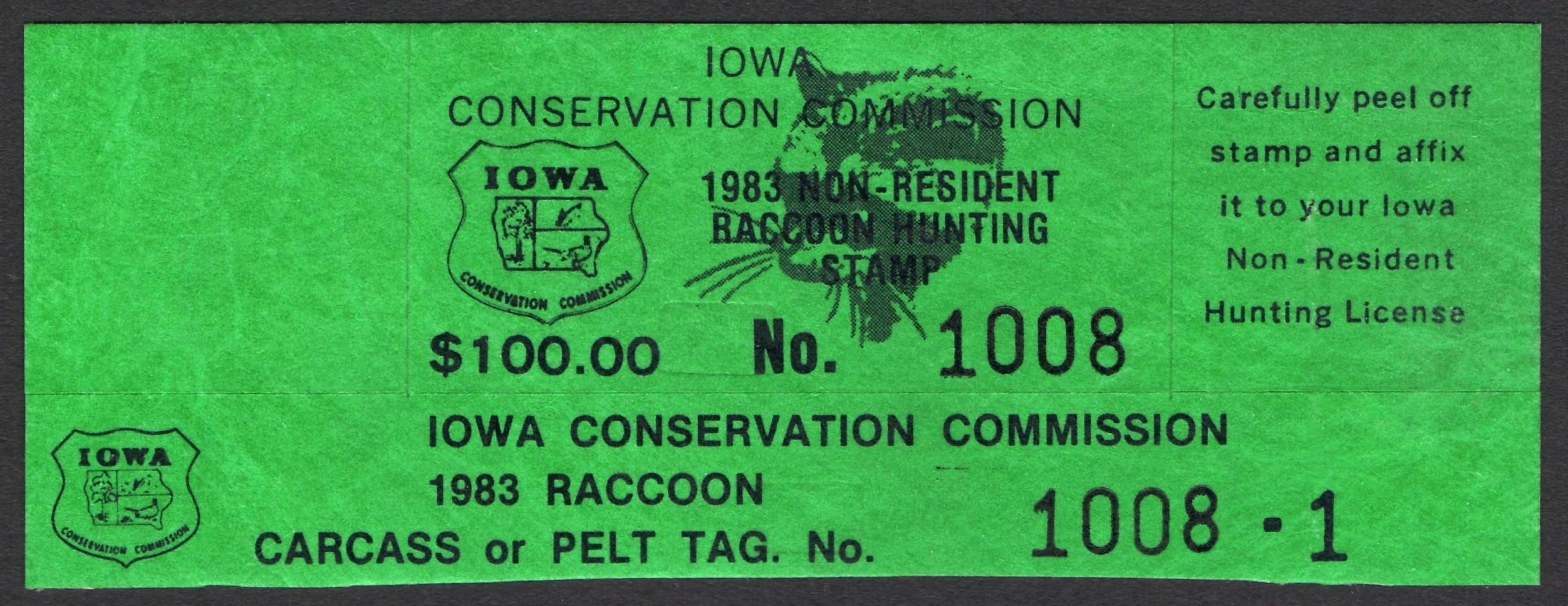 1983 Iowa NR Raccoon and Tag